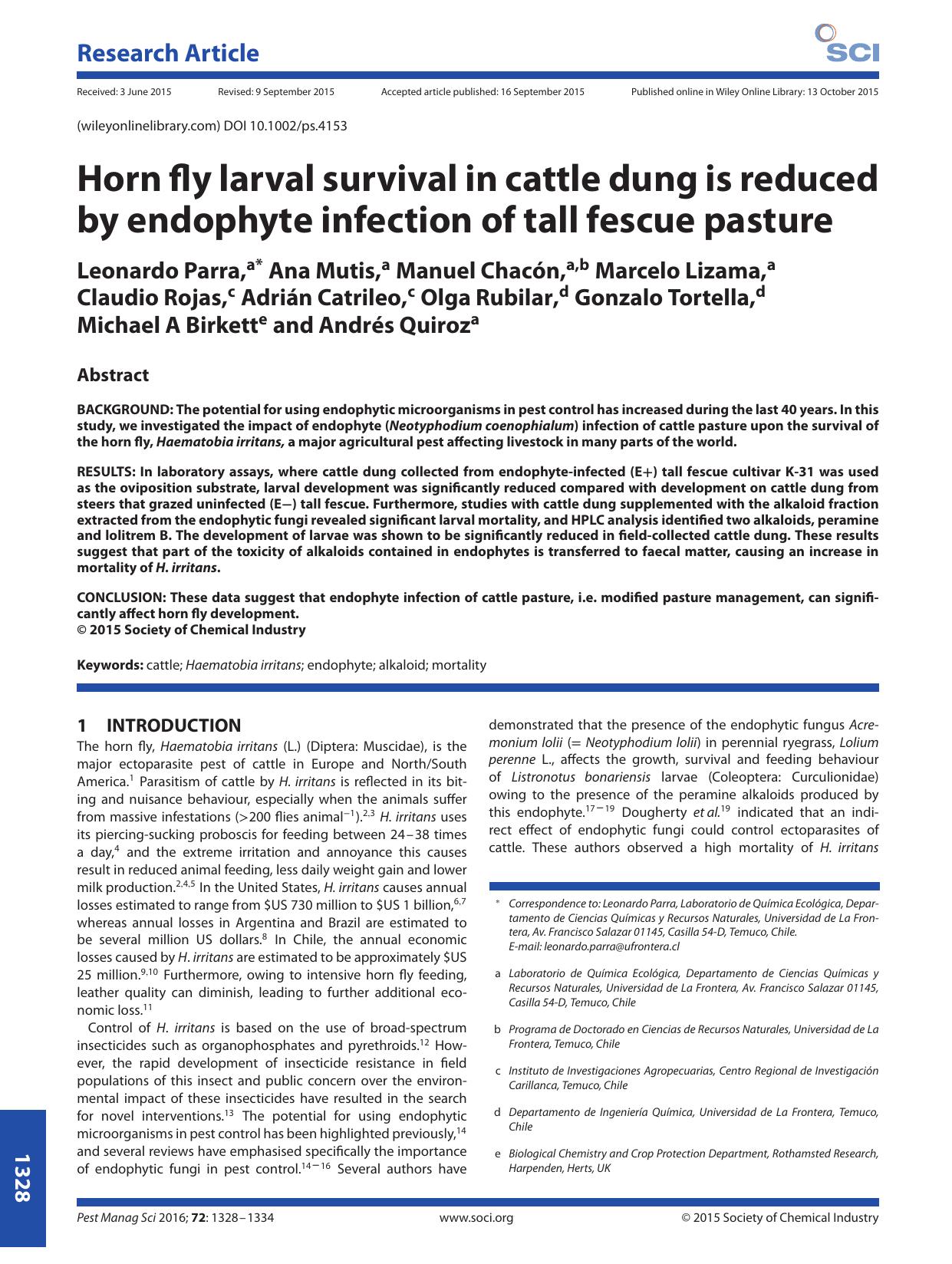 Horn fly larval survival in cattle dung is reduced by endophyte infection of tall fescue pasture by Unknown