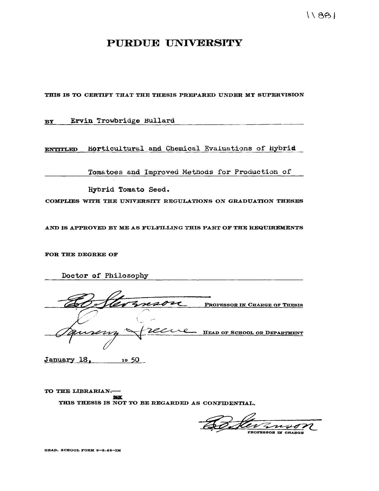 Horticultural and Chemical Evaluations of Hybrid Tomatoes and Improved Methods for Production of Hybrid Tomato Seed by Bullard Ervin Trowbridge
