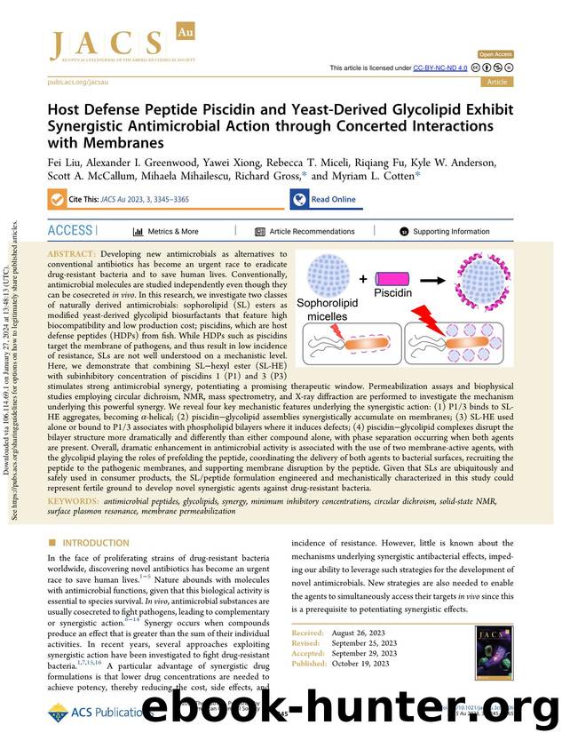 Host Defense Peptide Piscidin and Yeast-Derived Glycolipid Exhibit Synergistic Antimicrobial Action through Concerted Interactions with Membranes by unknow
