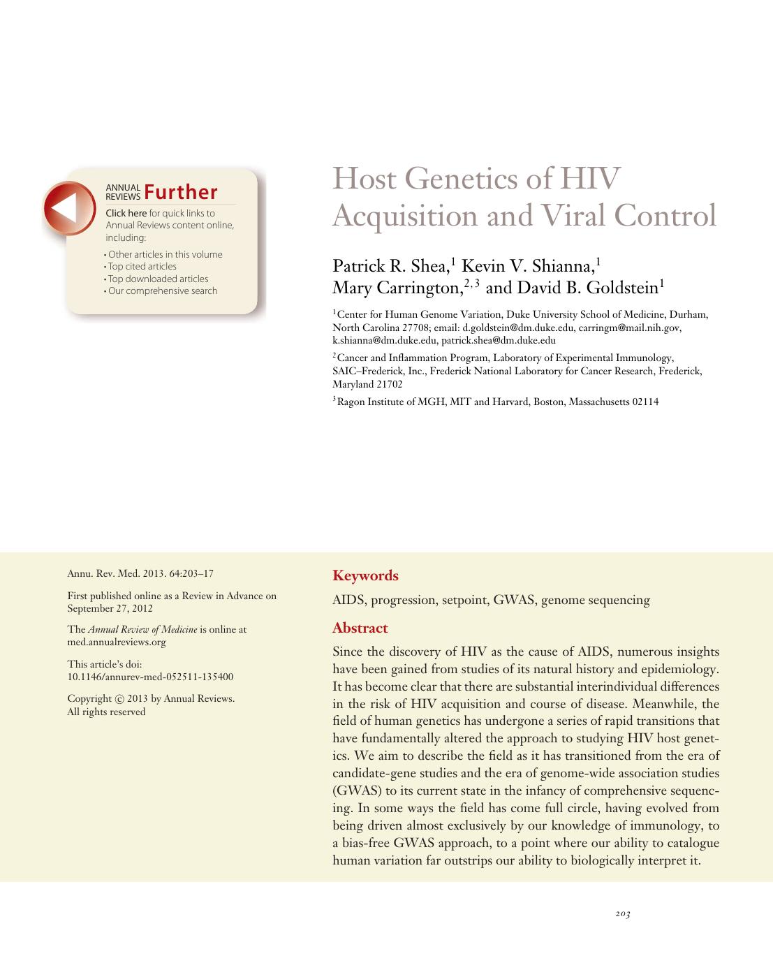 Host Genetics of HIV Acquisition and Viral Control by Patrick R. Shea Kevin V. Shianna Mary Carrington and David B. Goldstein