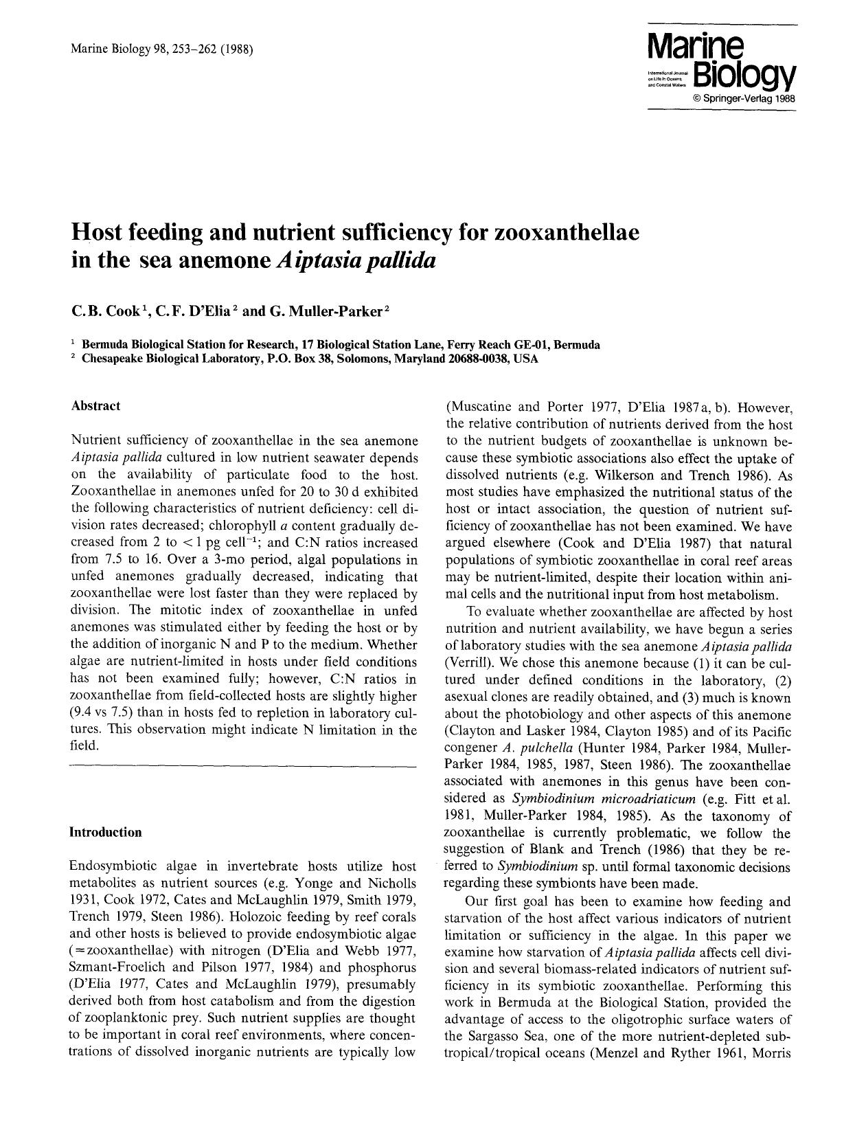 Host feeding and nutrient sufficiency for zooxanthellae in the sea anemone <Emphasis Type="Italic">Aiptasia pallida<Emphasis> by Unknown