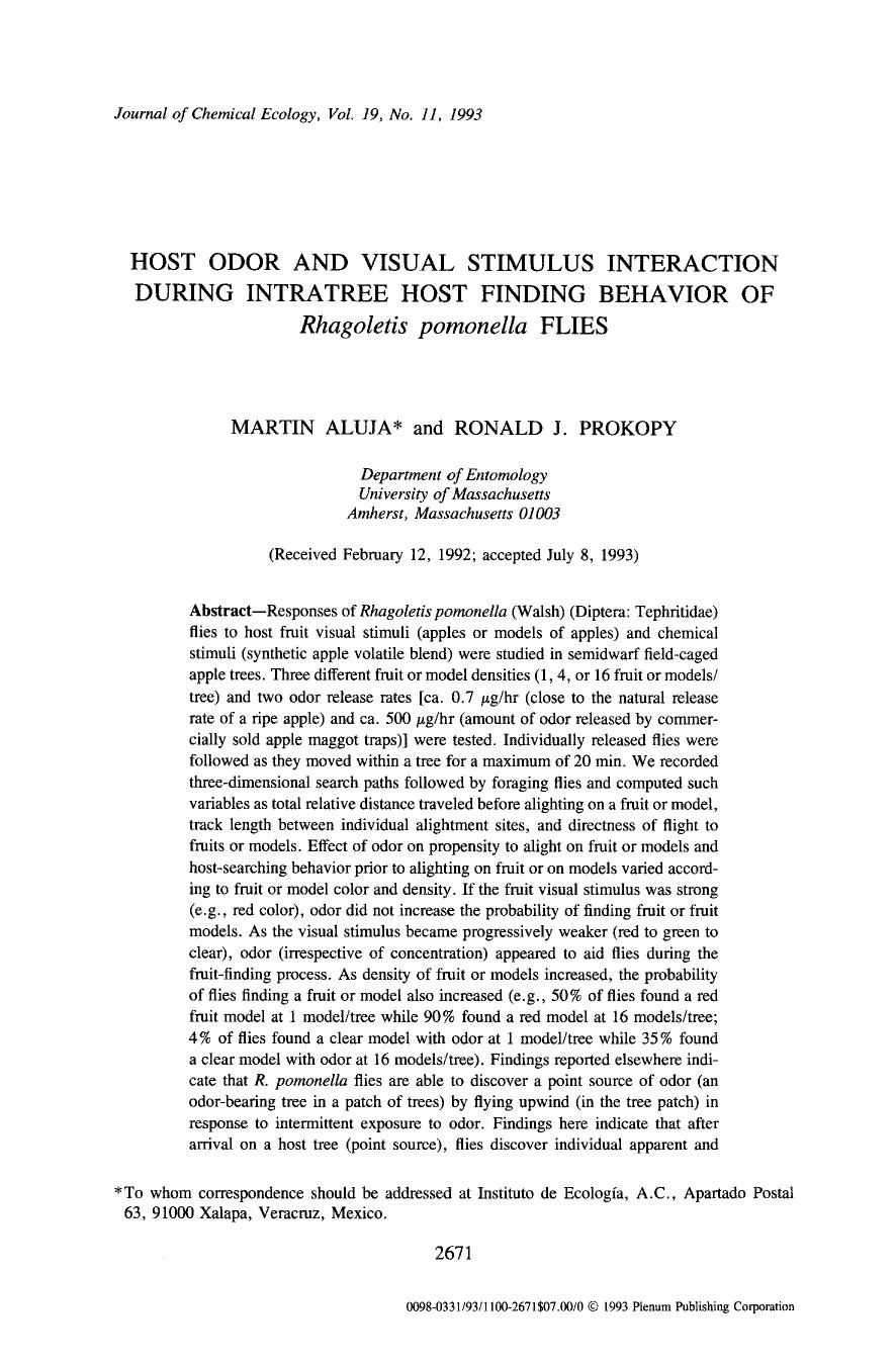 Host odor and visual stimulus interaction during intratree host finding behavior of <Emphasis Type="Italic">Rhagoletis pomonella <Emphasis> flies by Unknown