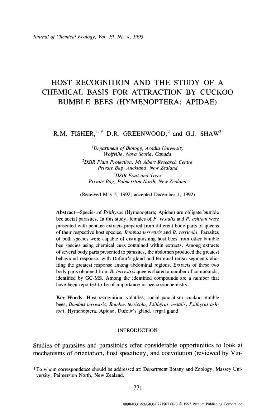 Host recognition and the study of a chemical basis for attraction by cuckoo bumble bees (Hymenoptera: Apidae) by Unknown