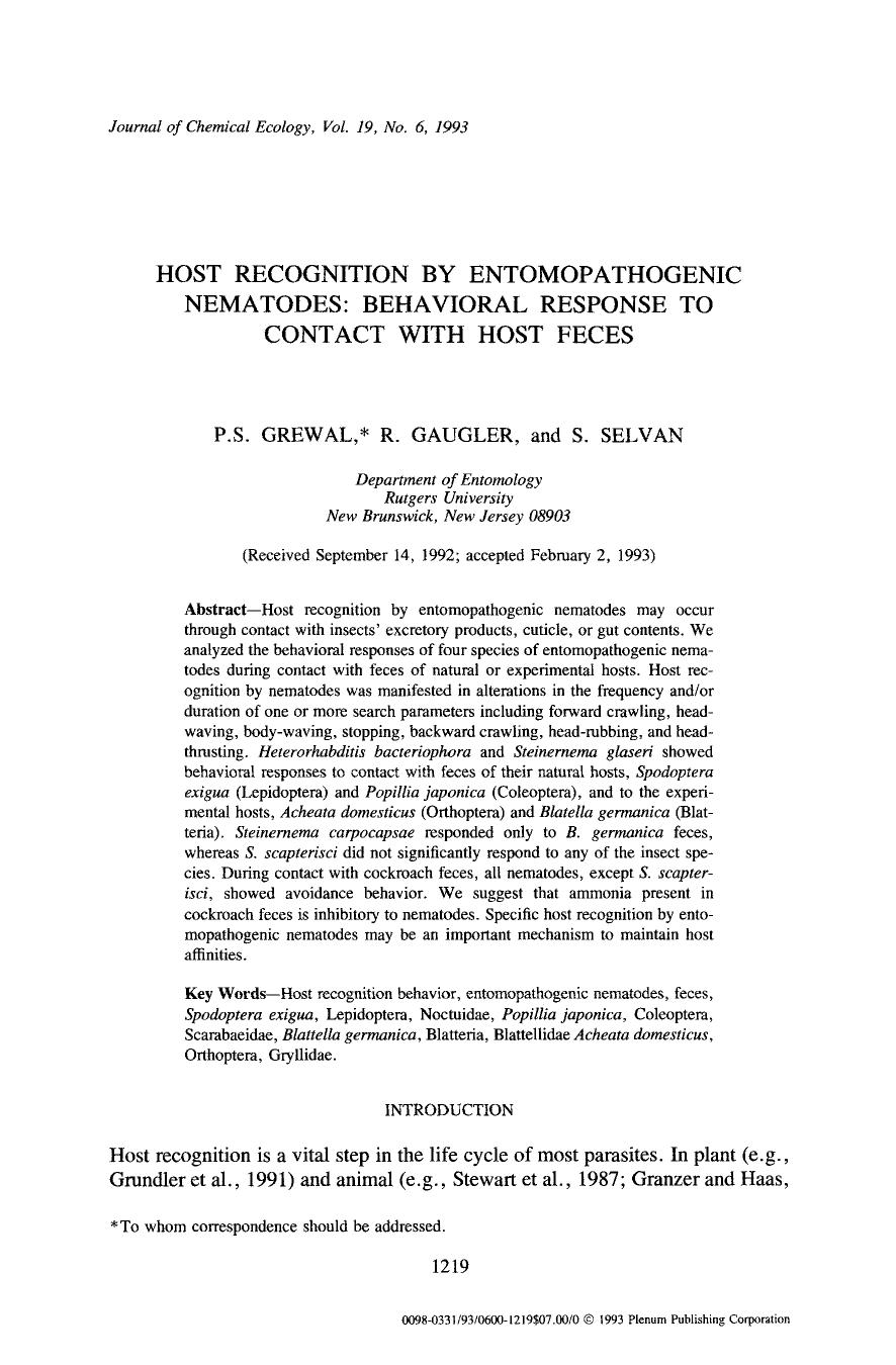 Host recognition by entomopathogenic nematodes: Behavioral response to contact with host feces by Unknown