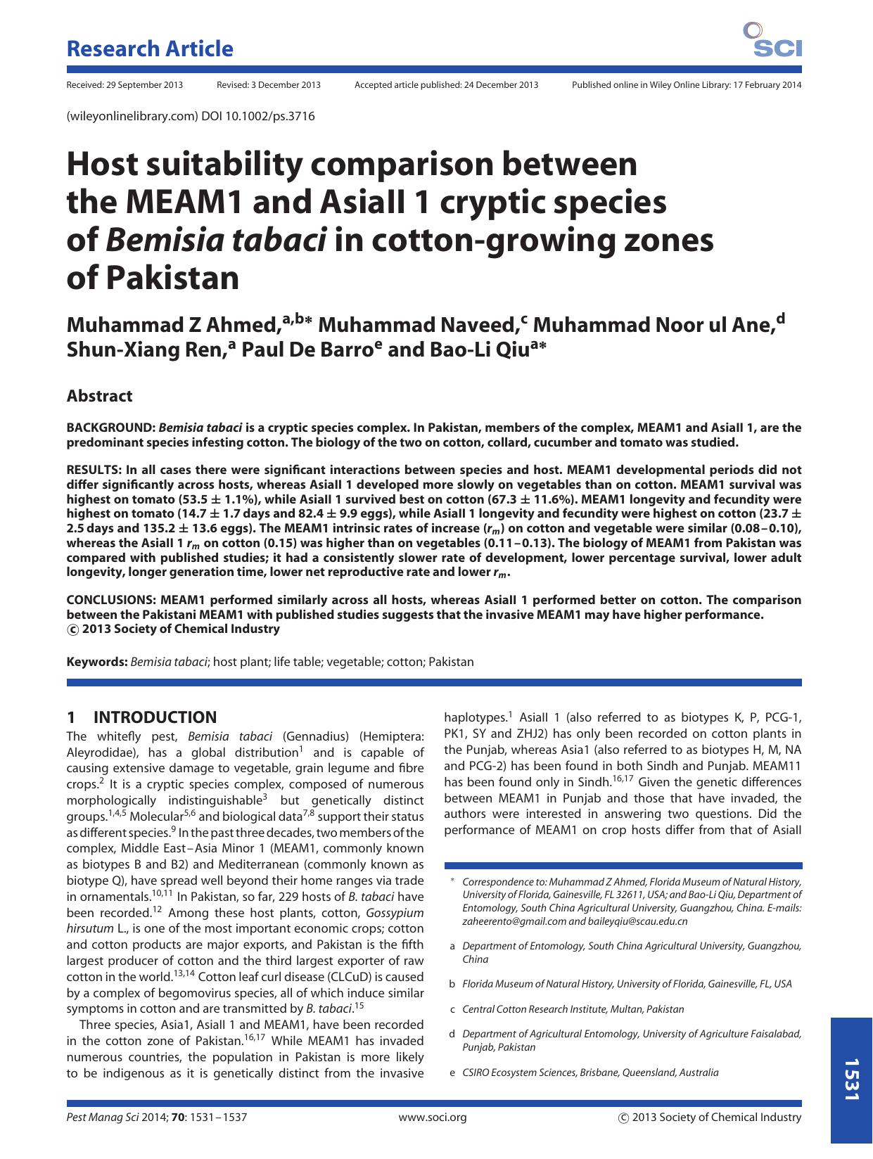 Host suitability comparison between the MEAM1 and AsiaII 1 cryptic species of Bemisia tabaci in cotton-growing zones of Pakistan by Unknown
