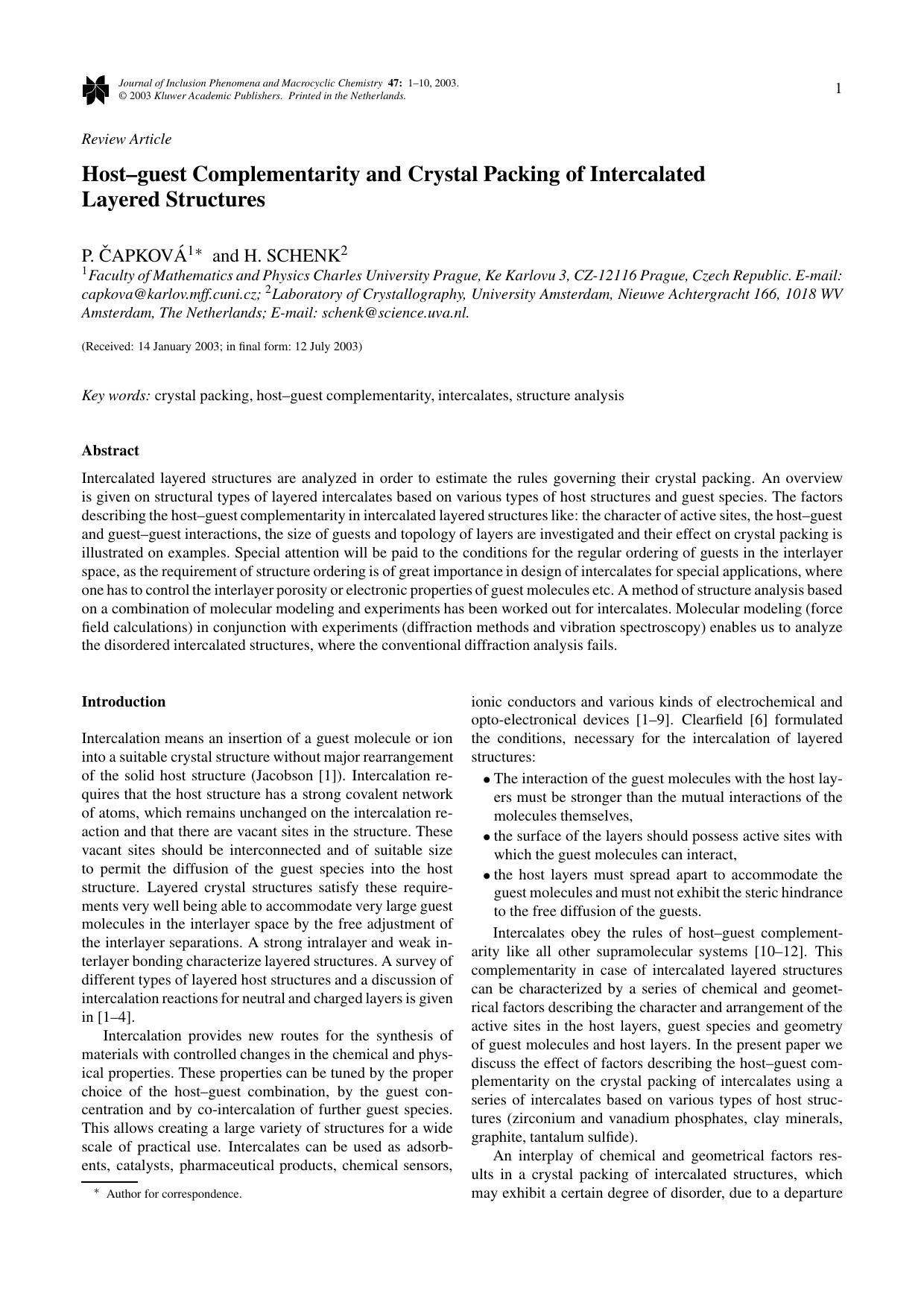 Host—guest Complementarity and Crystal Packing of Intercalated Layered Structures by Unknown