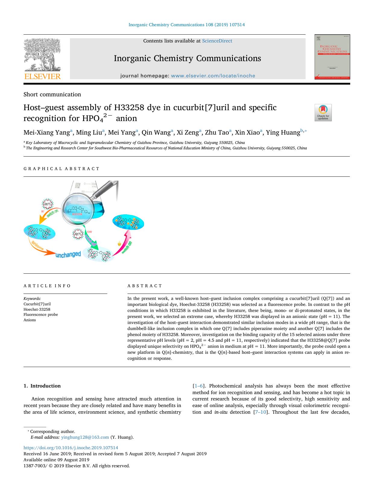 Hostâguest assembly of H33258 dye in cucurbit[7]uril and specific recognition for HPO42â anion by Mei-Xiang Yang & Ming Liu & Mei Yang & Qin Wang & Xi Zeng & Zhu Tao & Xin Xiao & Ying Huang