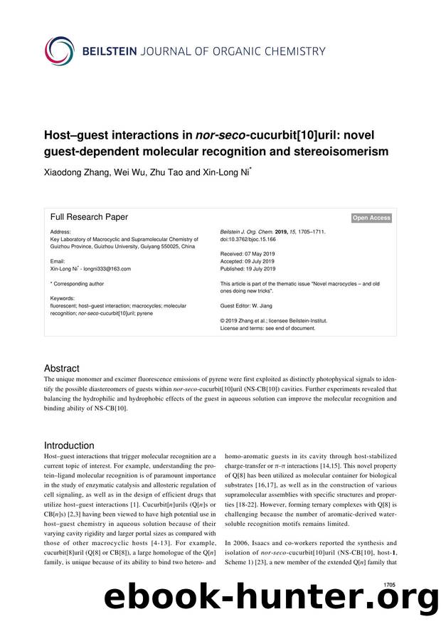Hostâguest interactions in nor-seco-cucurbit[10]uril: novel guest-dependent molecular recognition and stereoisomerism by Xiaodong Zhang Wei Wu Zhu Tao Xin-Long Ni
