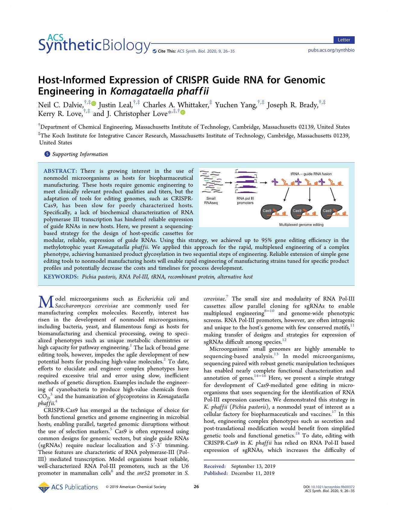 Host-Informed Expression of CRISPR Guide RNA for Genomic Engineering in Komagataella phaffii by unknow