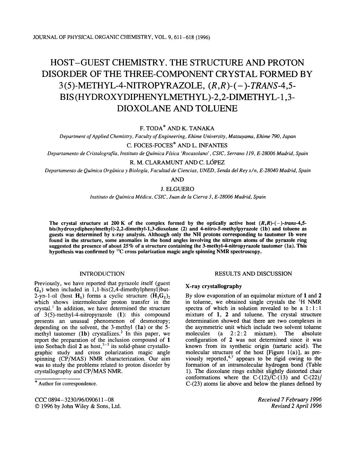 Host-guest chemistry. The structure and proton disorder of the three-component crystal formed by 3(5)-methyl-4-nitropyrazole, (R, R)-([minus])-trans-4,5-bis (hydroxydiphenylmethyl) by Unknown