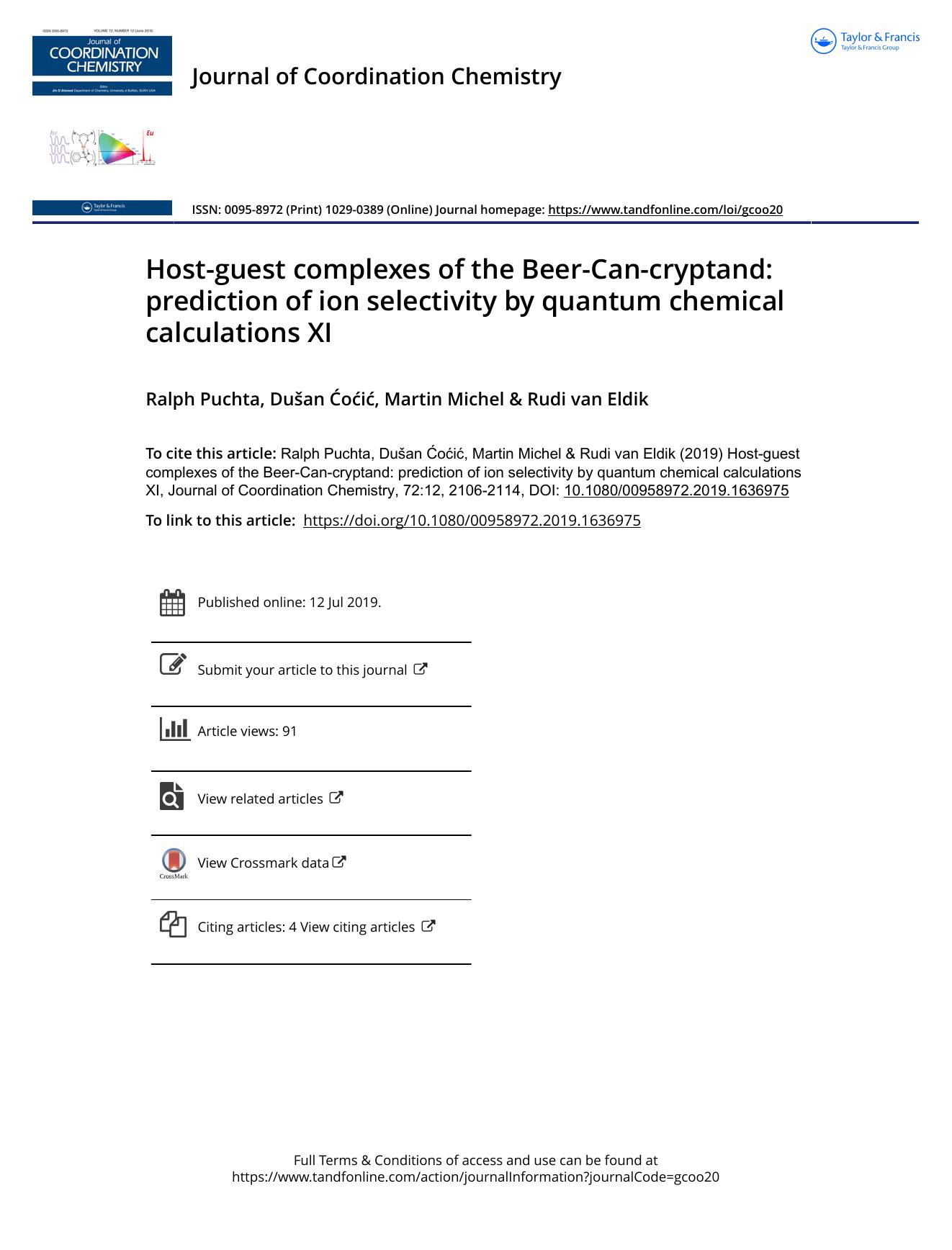 Host-guest complexes of the Beer-Can-cryptand: prediction of ion selectivity by quantum chemical calculations XI by Puchta Ralph & Ćoćić Dušan & Michel Martin & Van Eldik Rudi