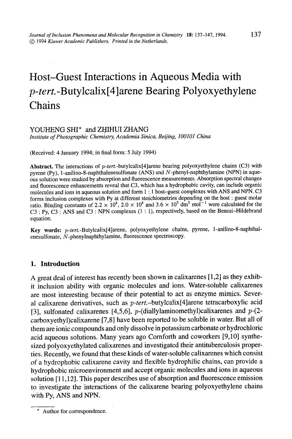 Host-guest interactions in aqueous media with <Emphasis Type="Italic">p-tert. <Emphasis>-butylcalix[4]arene bearing polyoxyethylene chains by Unknown