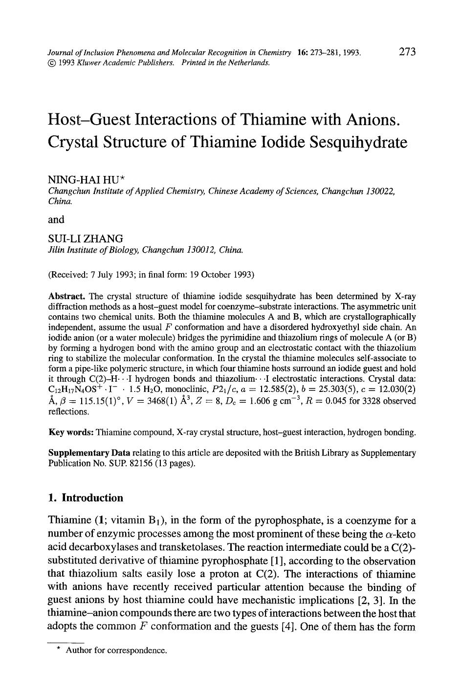 Host-guest interactions of thiamine with anions. Crystal structure ofthiamine iodide sesquihydrate by Unknown