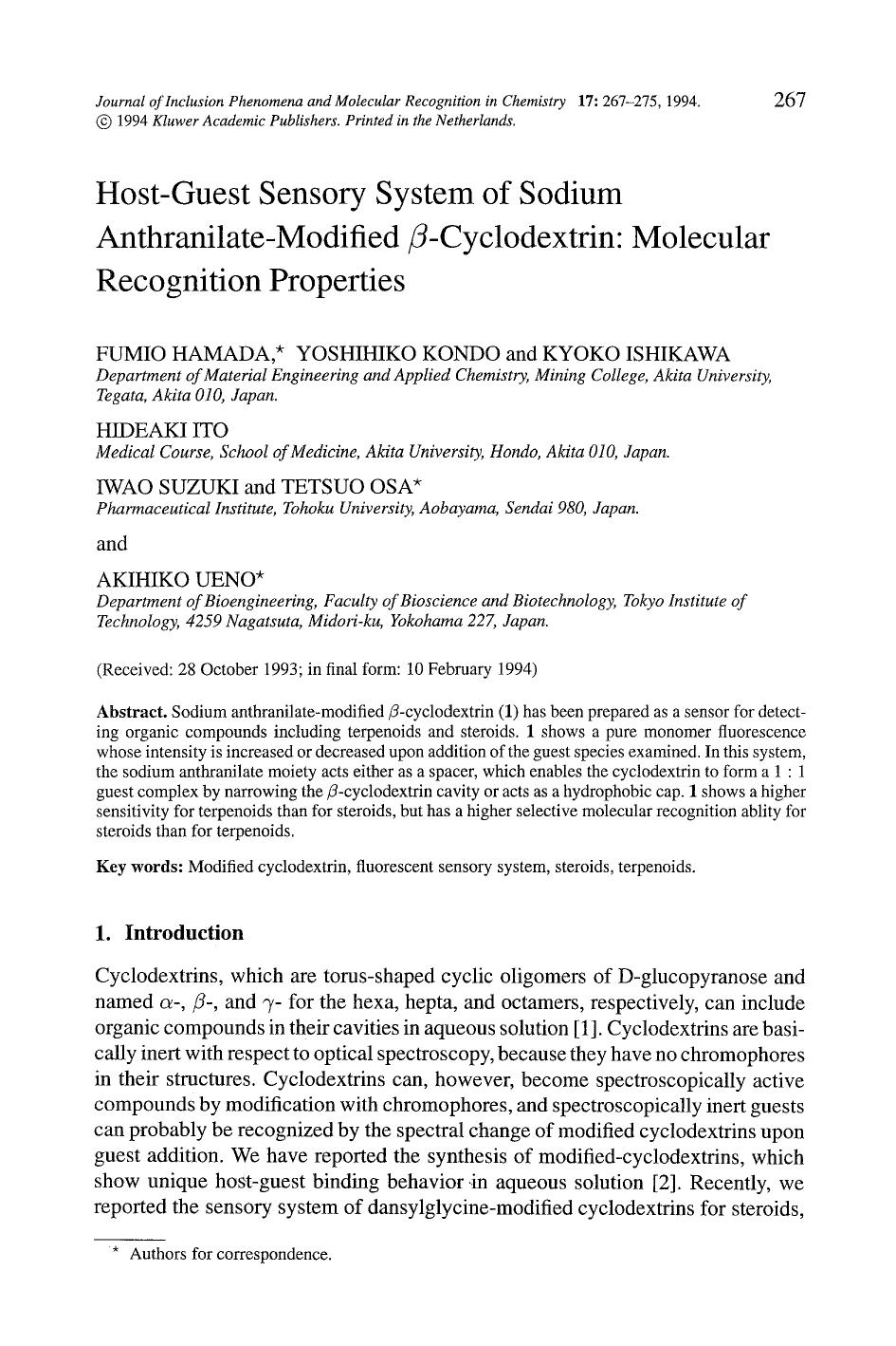 Host-guest sensory system of sodium anthranilate-modified <Emphasis Type="Italic">&#x03B2; <Emphasis>-cyclodextrin: Molecular recognition properties by Unknown