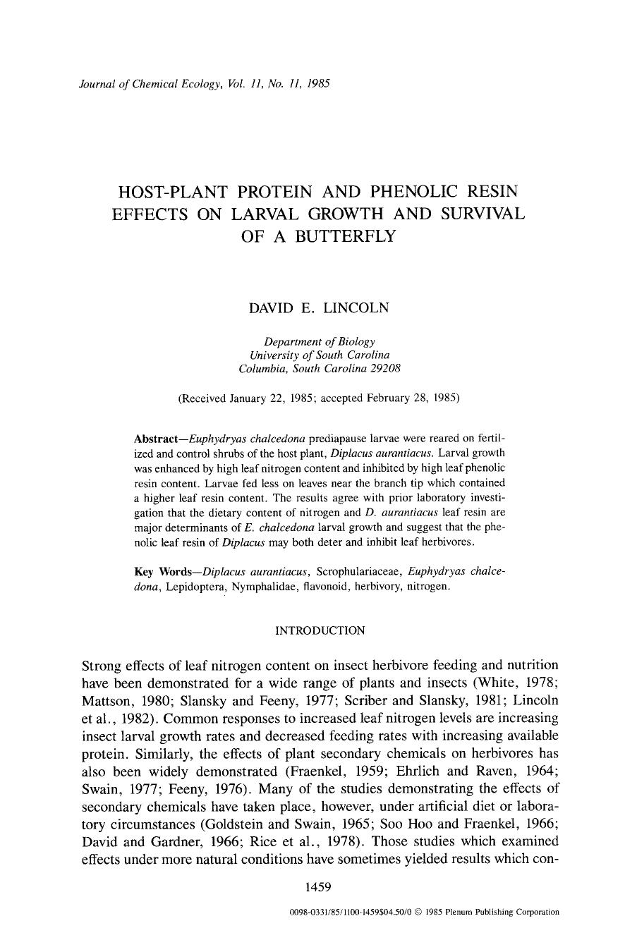 Host-plant protein and phenolic resin effects on larval growth and survival of a butterfly by Unknown