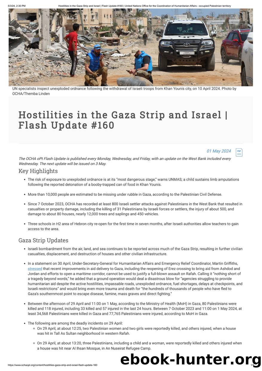 Hostilities in the Gaza Strip and Israel | Flash Update #160 | United Nations Office for the Coordination of Humanitarian Affairs - occupied Palestinian territory by Unknown