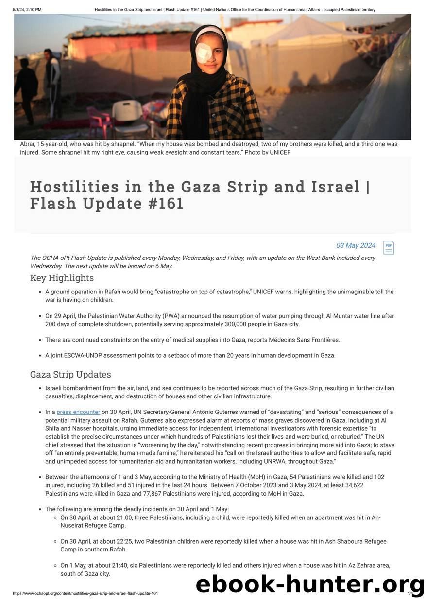 Hostilities in the Gaza Strip and Israel | Flash Update #161 | United Nations Office for the Coordination of Humanitarian Affairs - occupied Palestinian territory by Unknown
