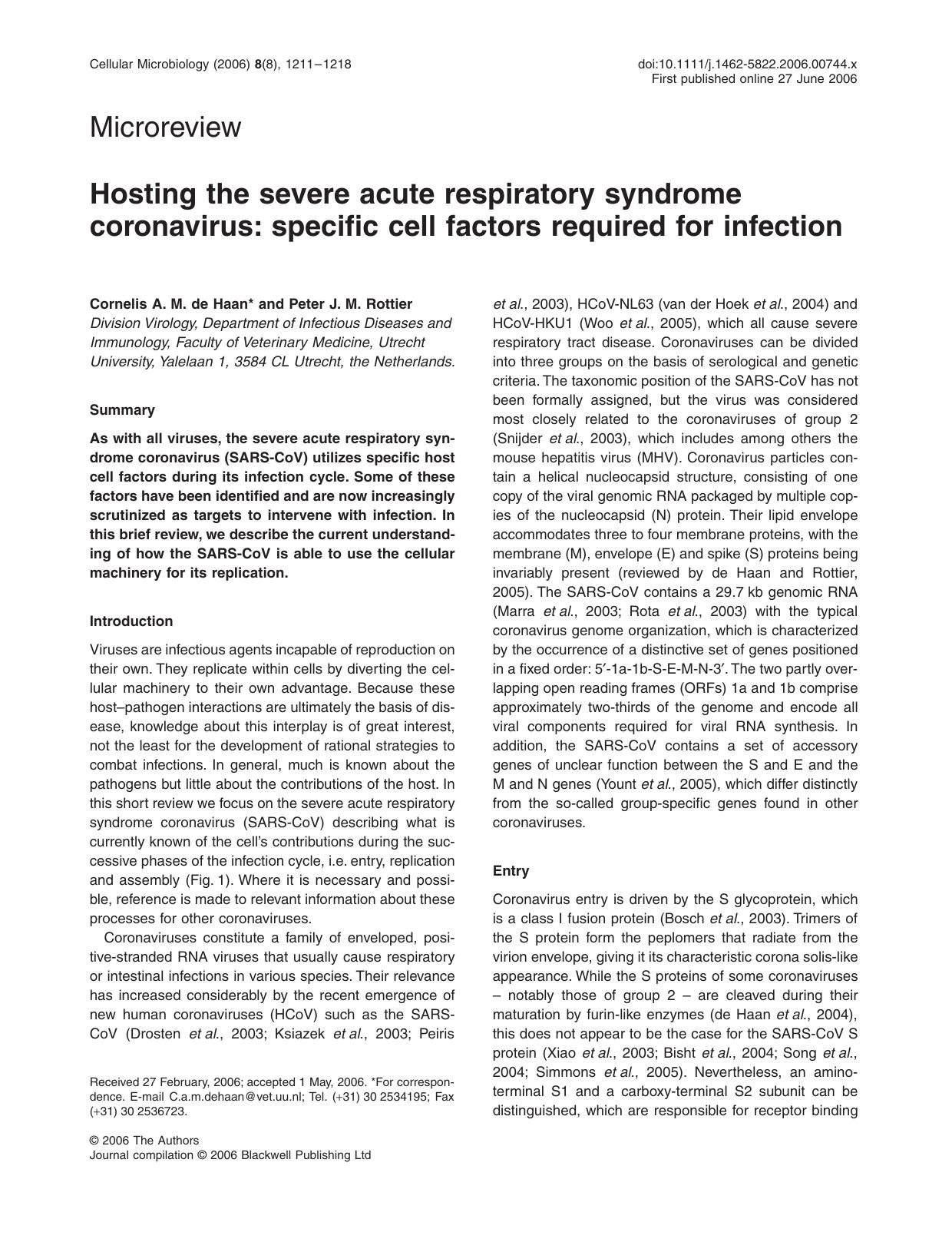 Hosting the severe acute respiratory syndrome coronavirus: specific cell factors required for infection by Crystal
