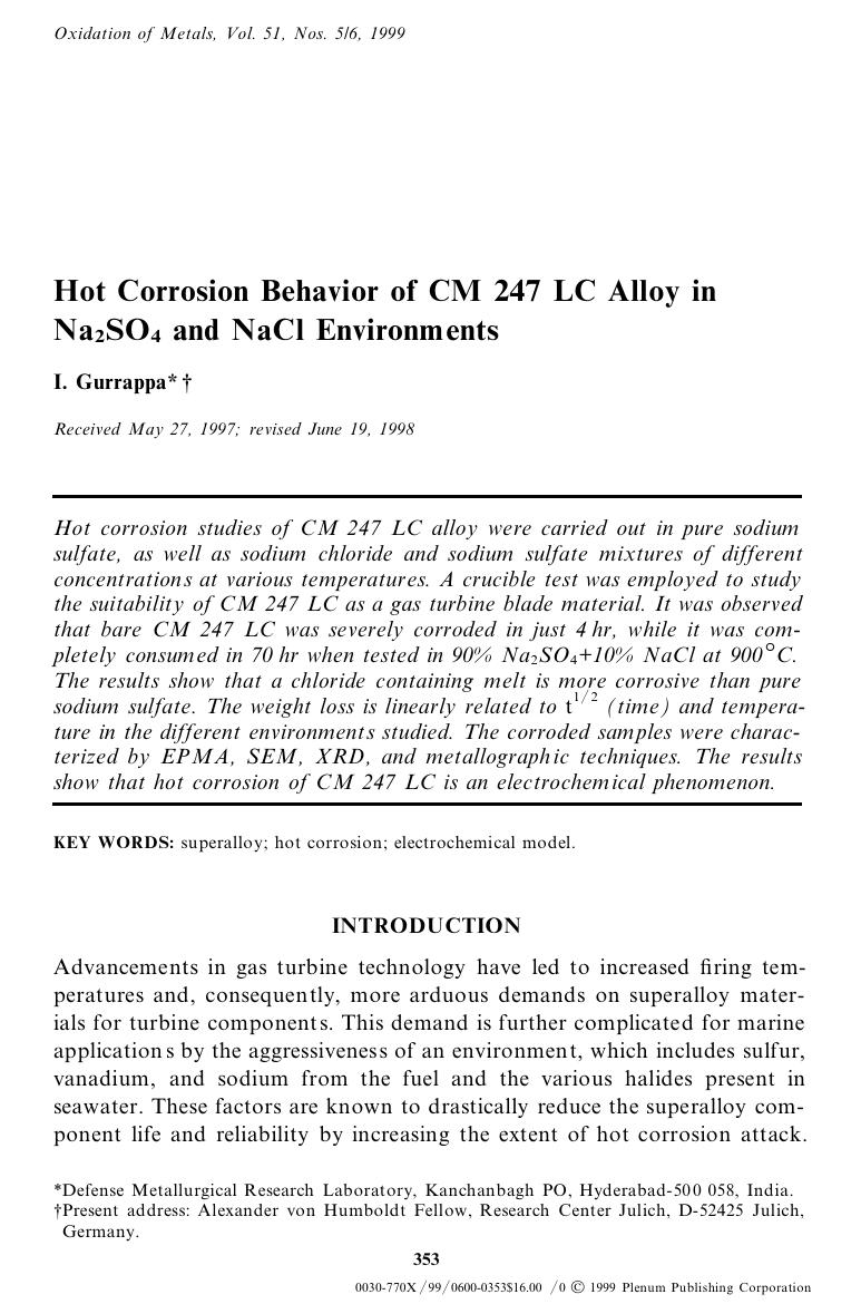 Hot Corrosion Behavior of CM 247 LC Alloy in Na2SO4 and NaCl Environments by Unknown