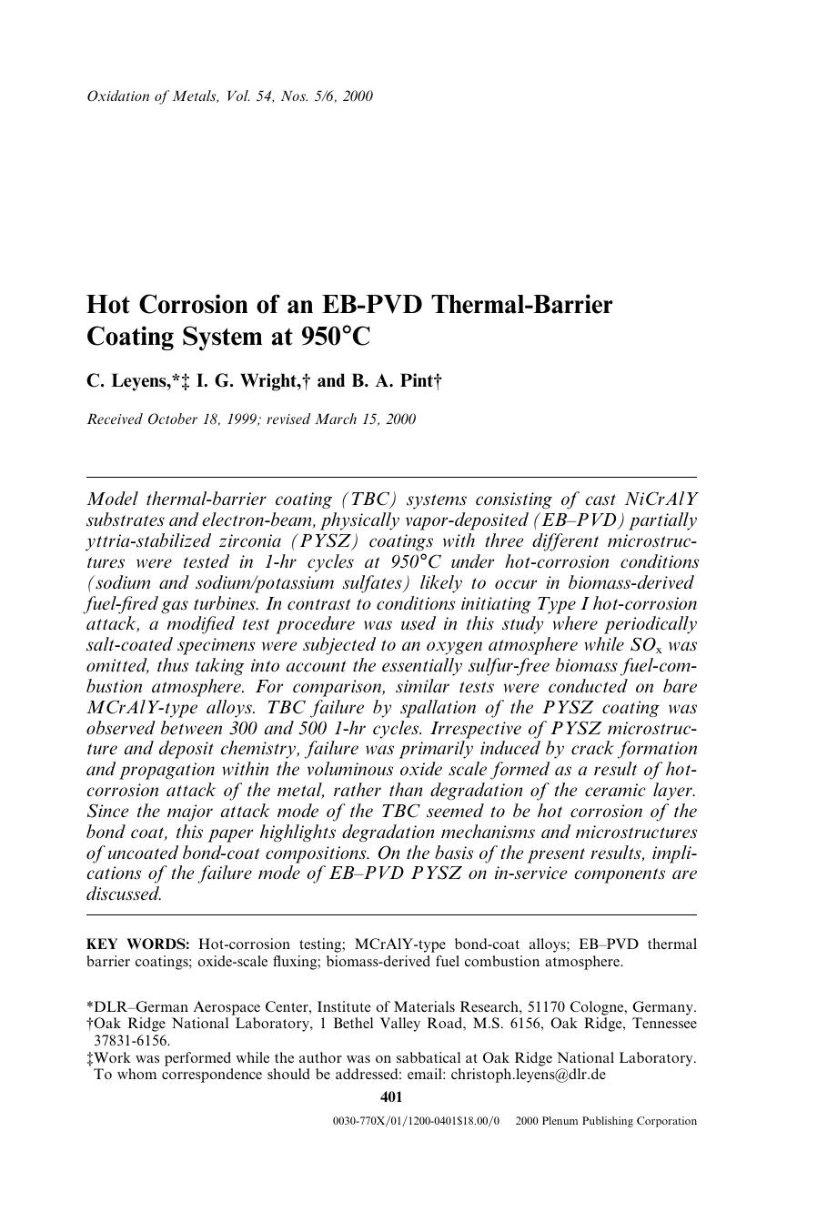 Hot Corrosion of an EB-PVD Thermal-Barrier Coating System at 950&#x00B0;C by Unknown