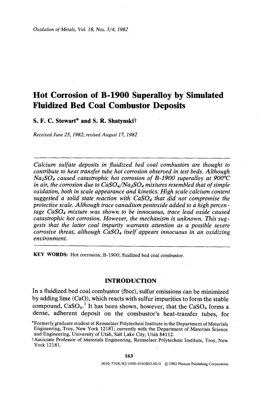 Hot corrosion of B-1900 superalloy by simulated fluidized bed coal combustor deposits by Unknown