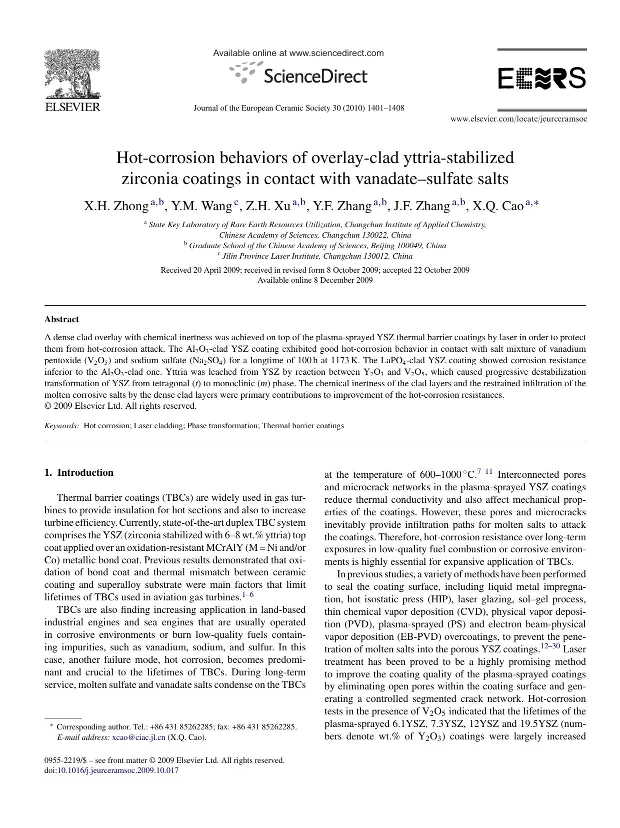 Hot-corrosion behaviors of overlay-clad yttria-stabilized zirconia coatings in contact with vanadateÃ¢â¬âsulfate salts by X.H. Zhong; Y.M. Wang; Z.H. Xu; Y.F. Zhang; J.F. Zhang; X.Q. Cao