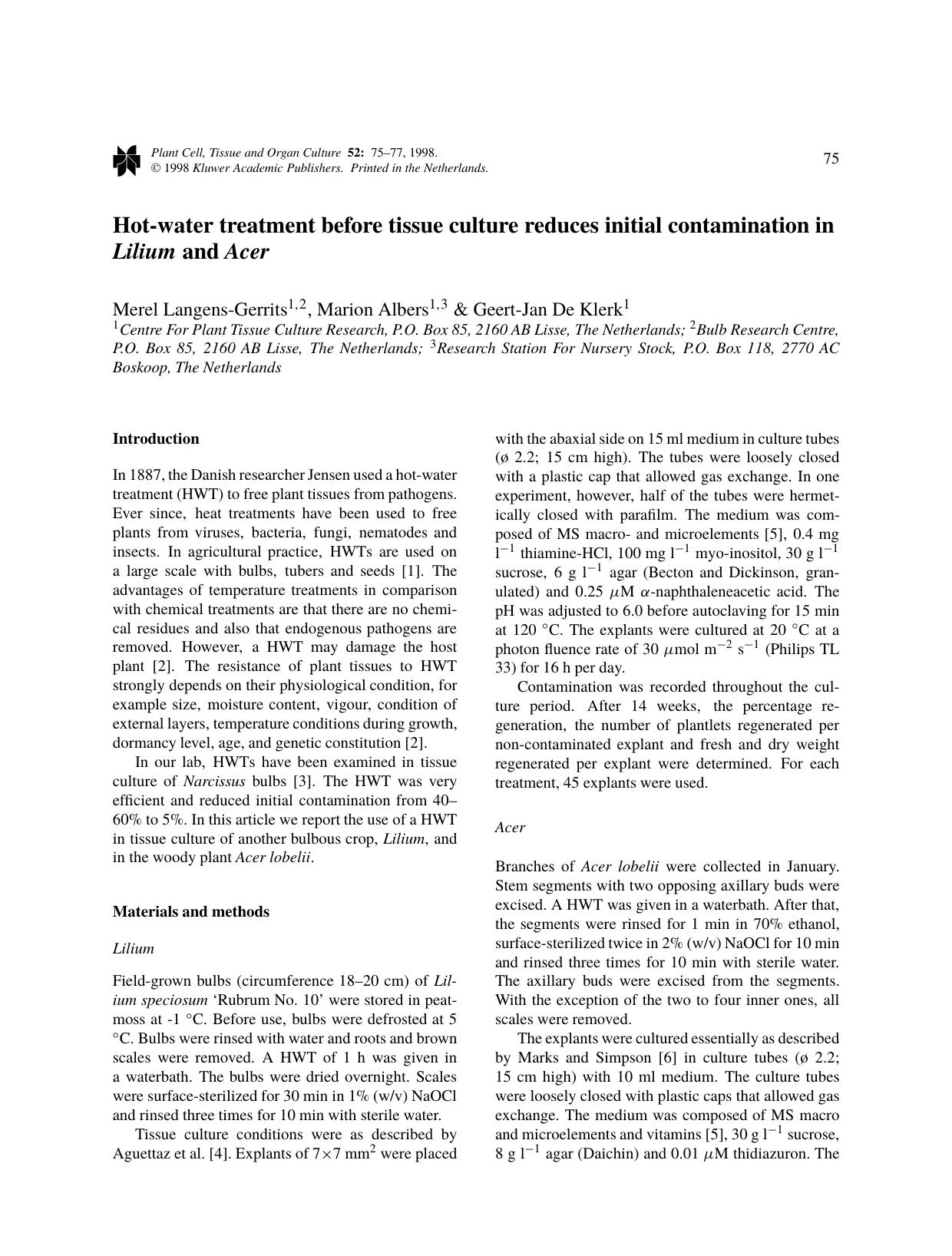 Hot-water treatment before tissue culture reduces initial contamination in Lilium and Acer by Unknown
