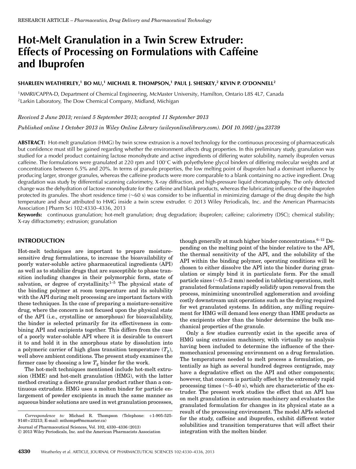 HotMelt Granulation in a Twin Screw Extruder: Effects of Processing on Formulations with Caffeine and Ibuprofen by Unknown