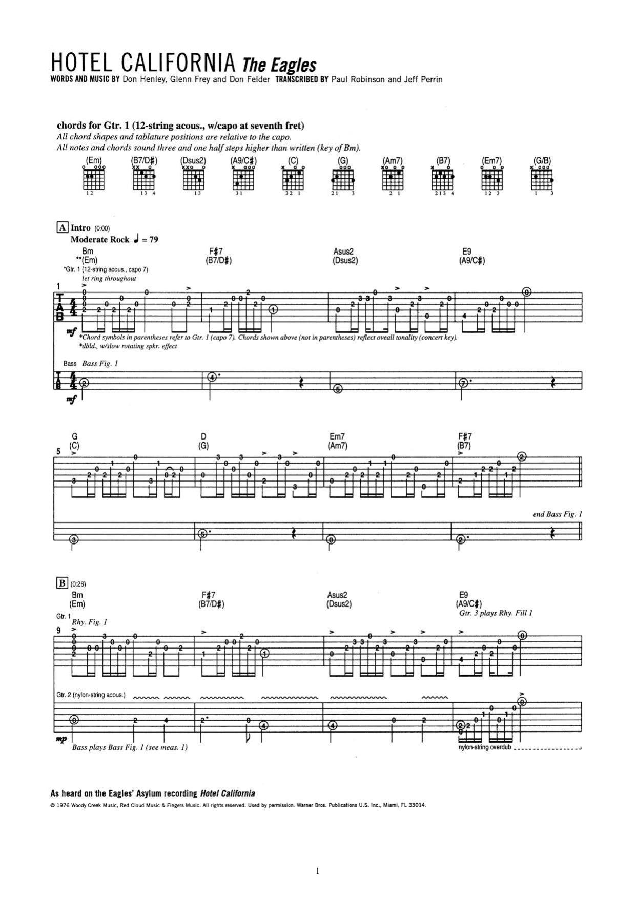 Hotel California. Chords for 12-string acoustic guitar with capo at seventh fret by The Eagles