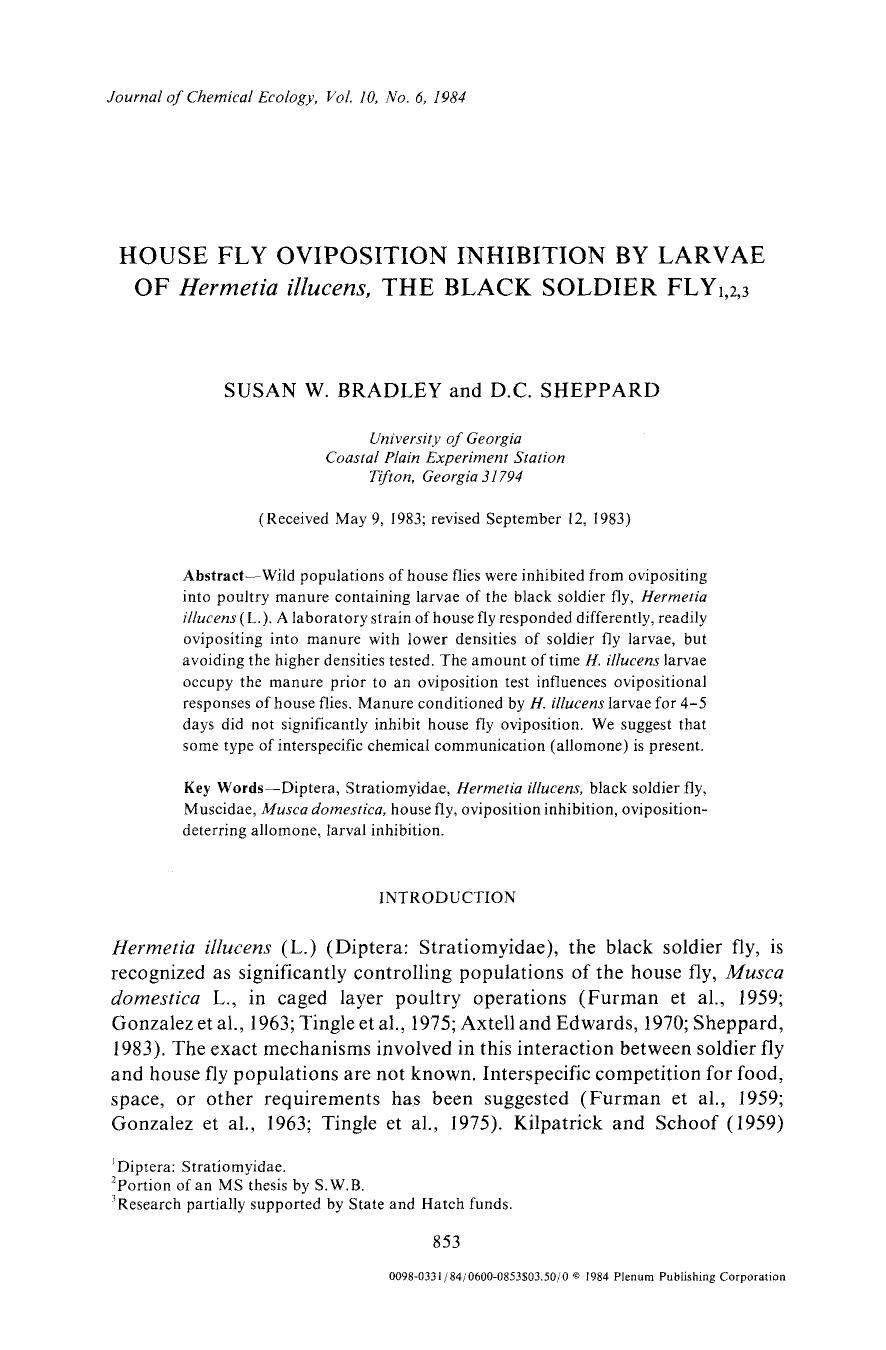 House fly oviposition inhibition by larvae of <Emphasis Type="Italic">Hermetia illucens <Emphasis>, the black soldier fly by Unknown