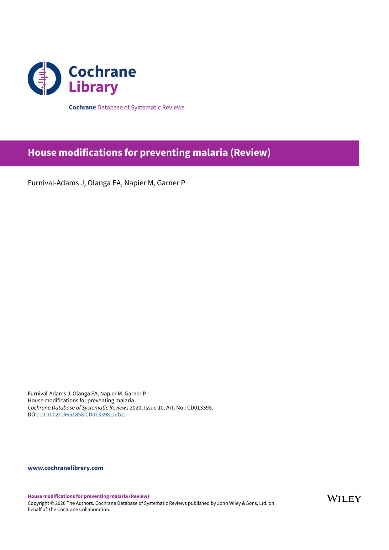 House modifications for preventing malaria by Furnival-Adams J Olanga EA Napier M Garner P