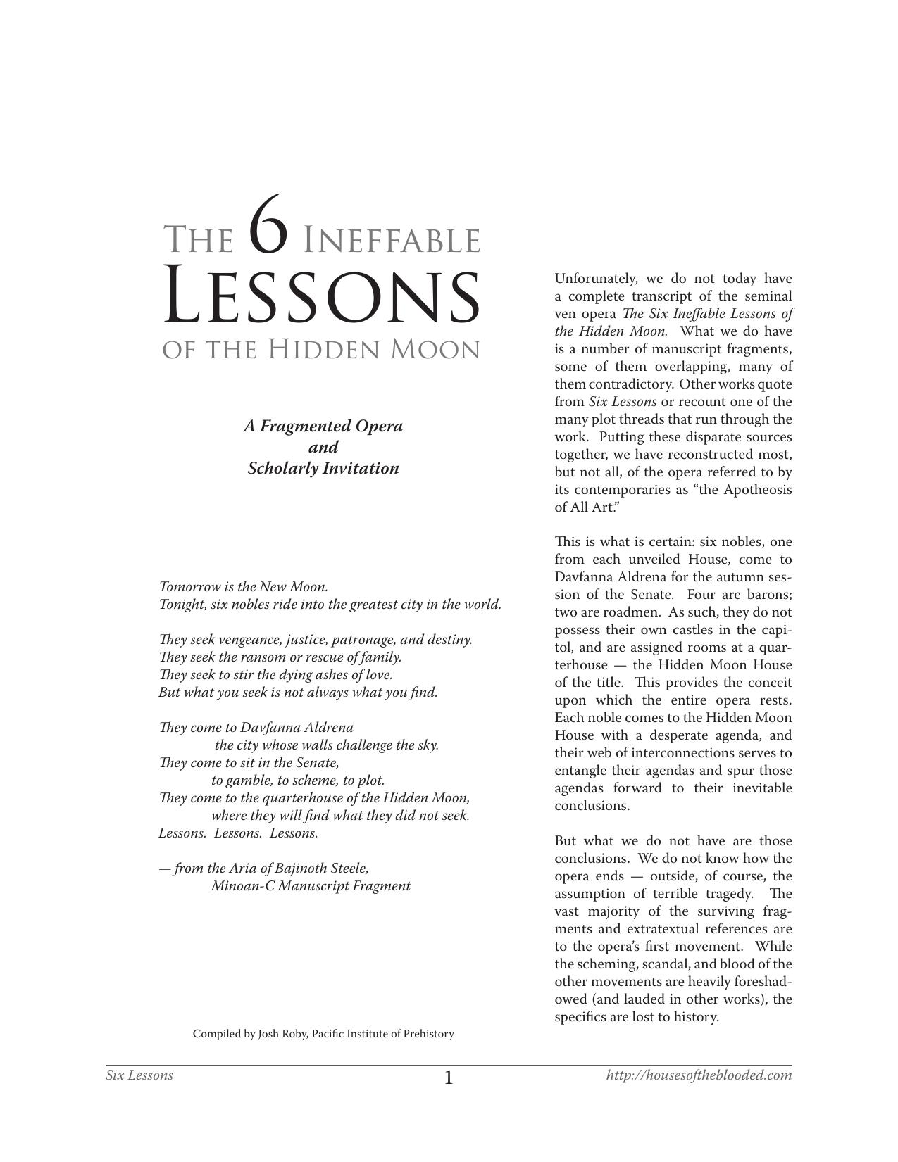Houses of the Blooded The 6 Ineffable Lessons of the Hidden Moon by Unknown