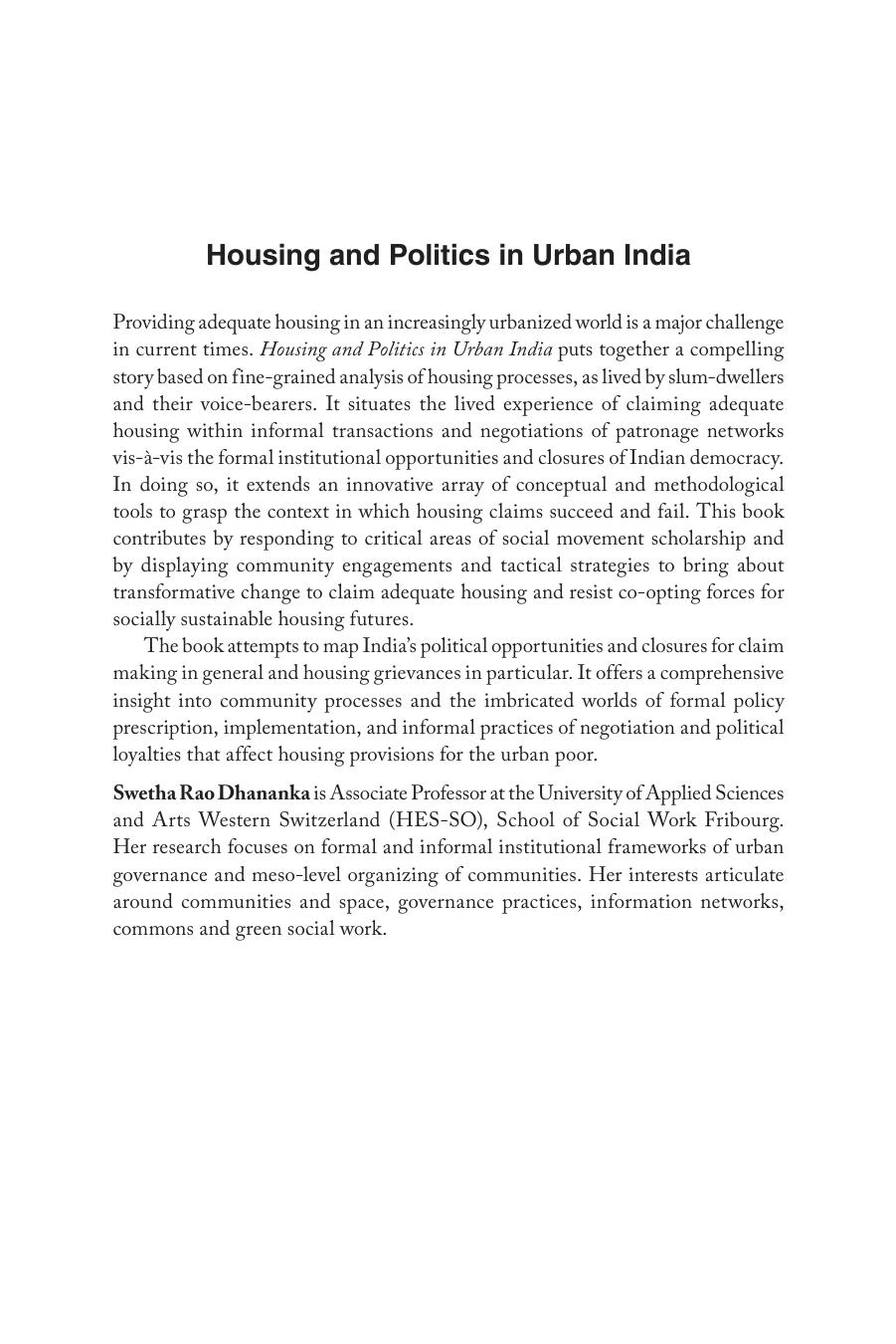 Housing and Politics in Urban India Opportunities and Contention by Swetha Rao Dhananka