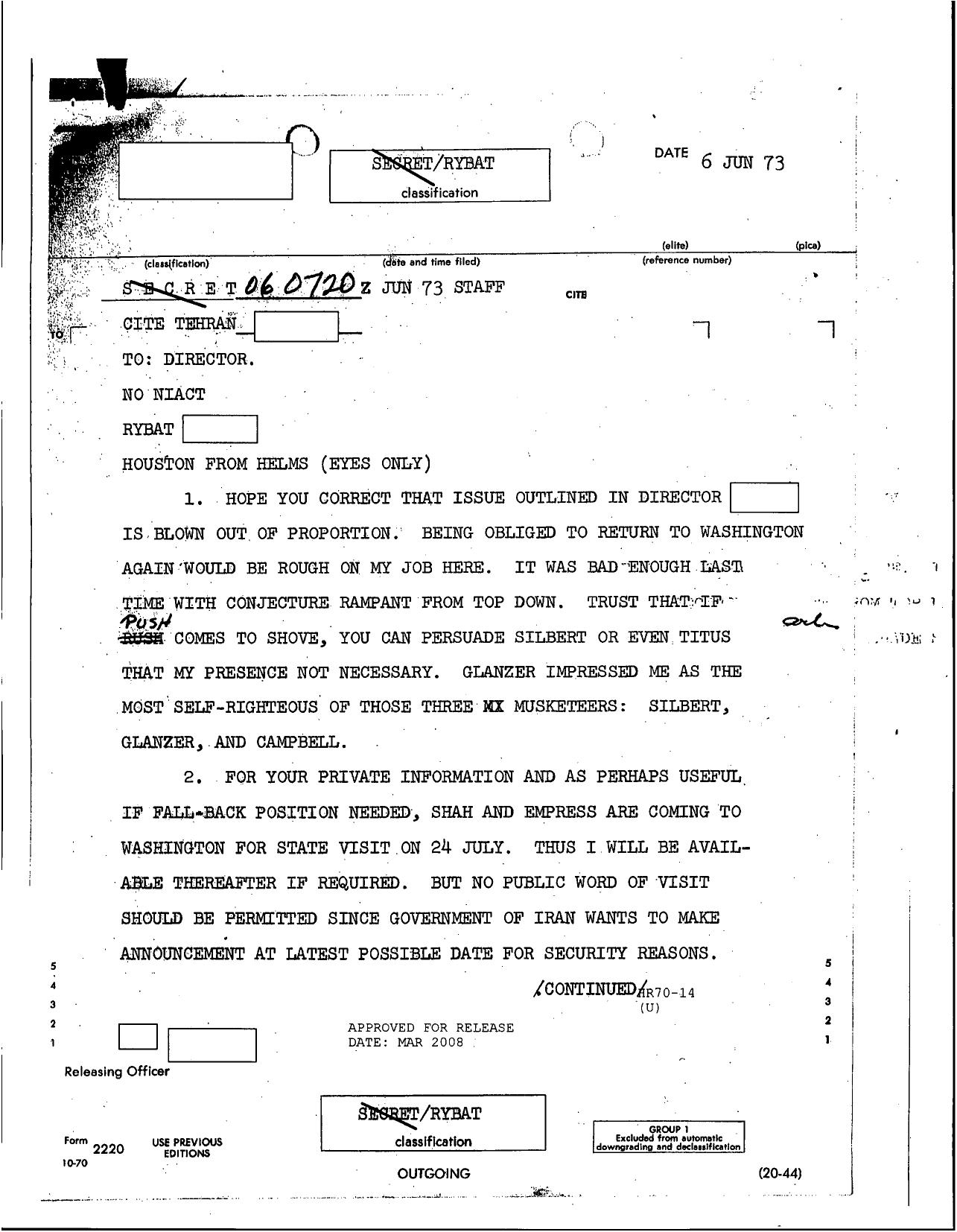 Houston for Helms re correct issue and Shah visit to US and ... by Unknown