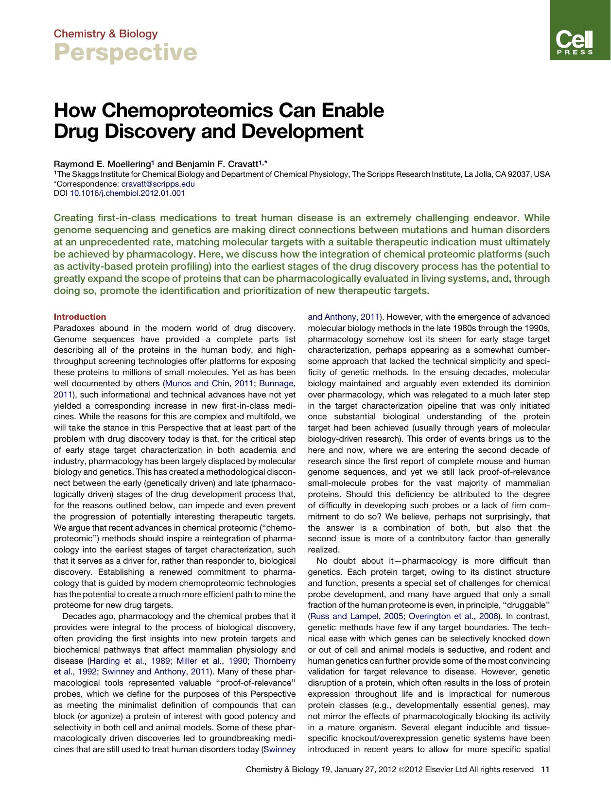 How Chemoproteomics Can Enable Drug Discovery and Development by Raymond E. Moellering & Benjamin F. Cravatt