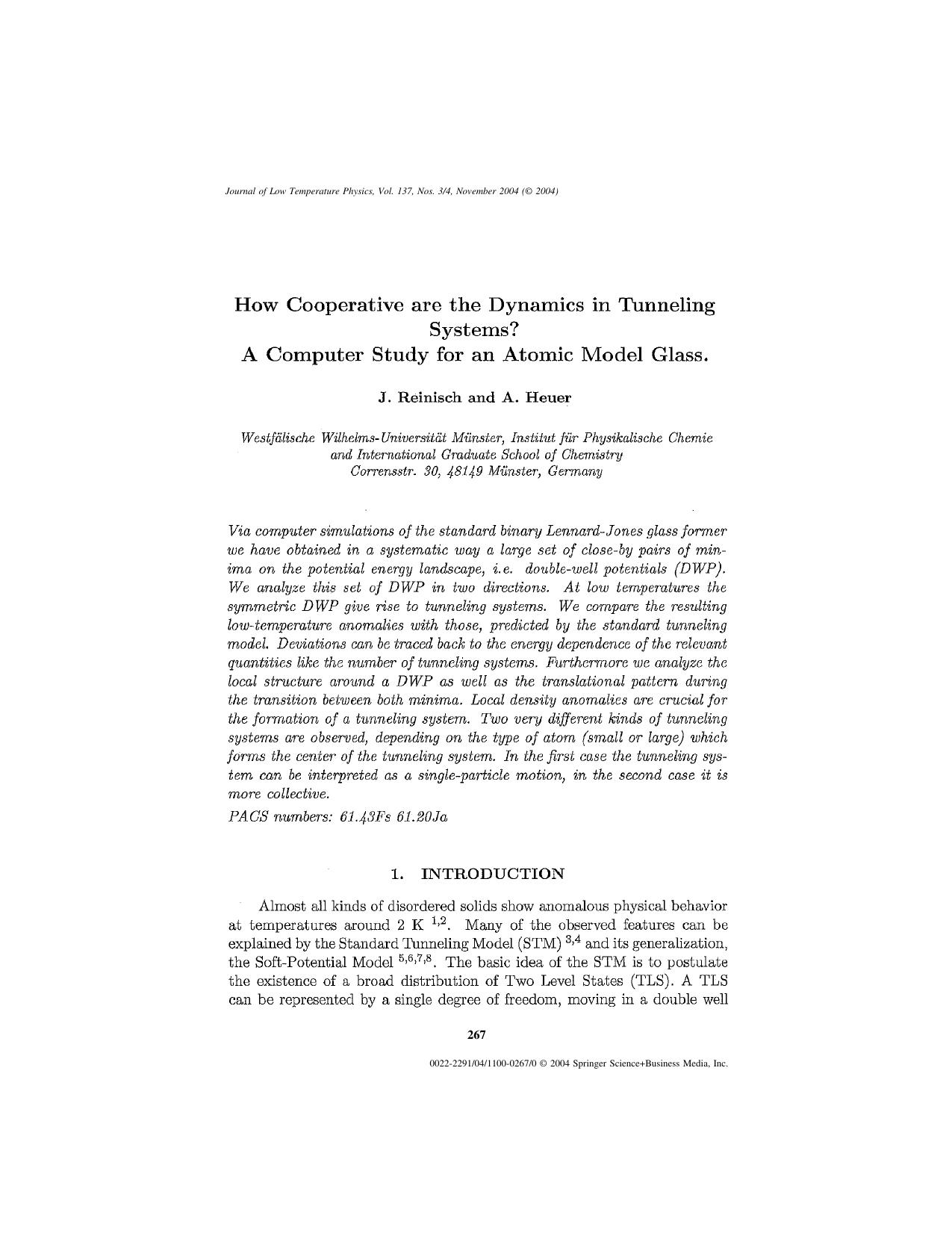 How Cooperative Are the Dynamics in Tunneling Systems? A Computer Study for an Atomic Model Glass by Unknown