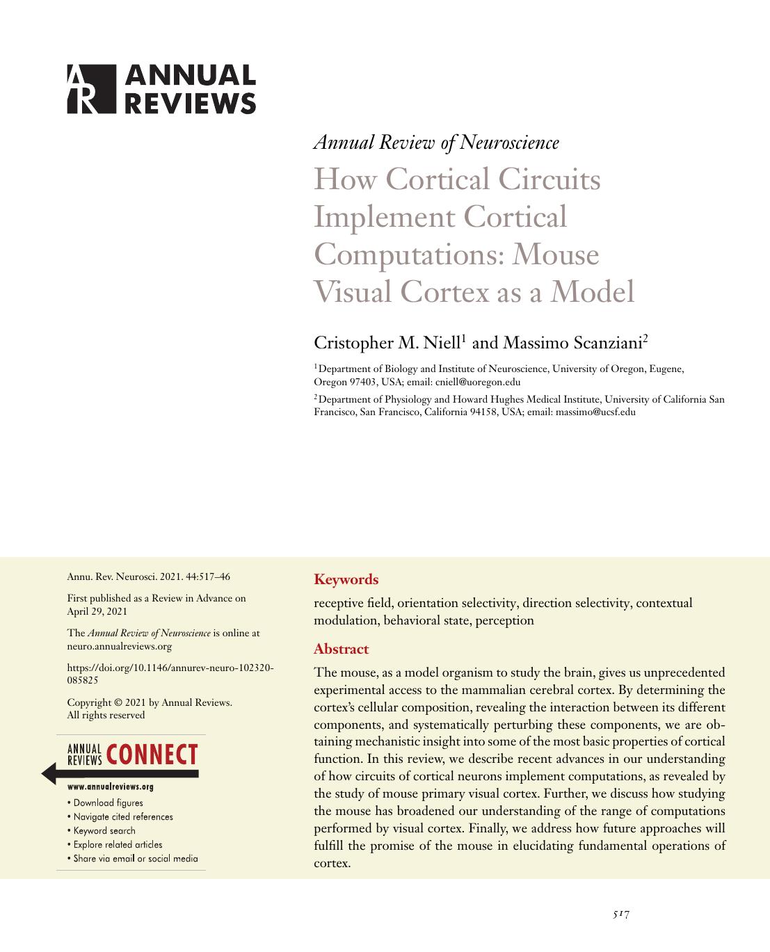 How Cortical Circuits Implement Cortical Computations: Mouse Visual Cortex as a Model by Cristopher M. Niell and Massimo Scanziani