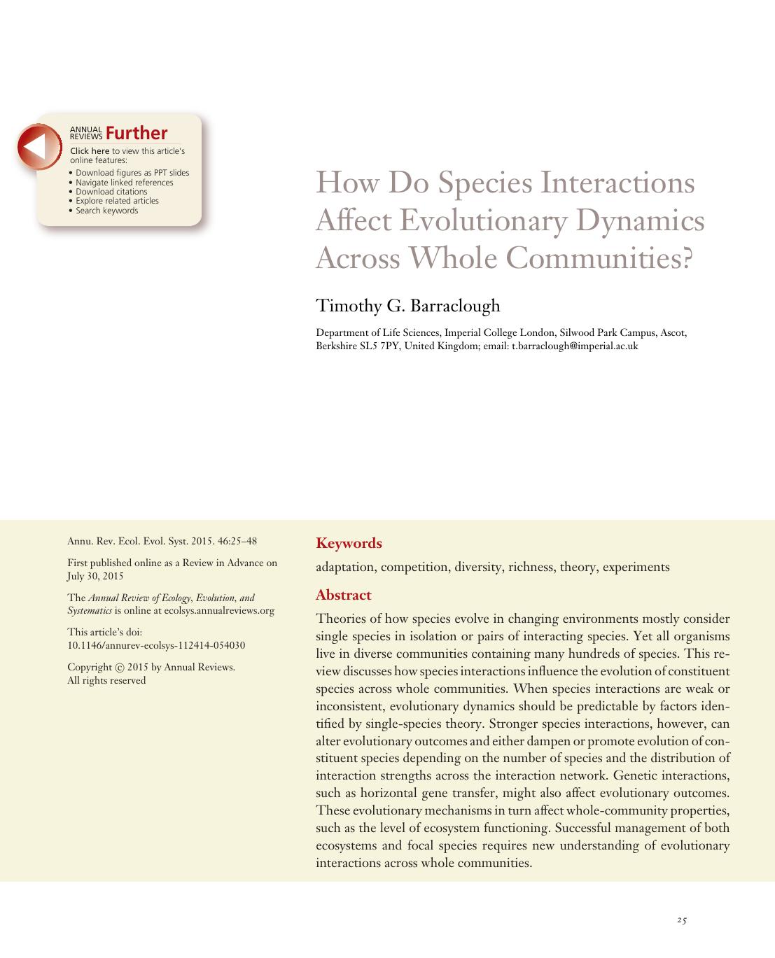 How Do Species Interactions Affect Evolutionary Dynamics Across Whole Communities? by Timothy G. Barraclough