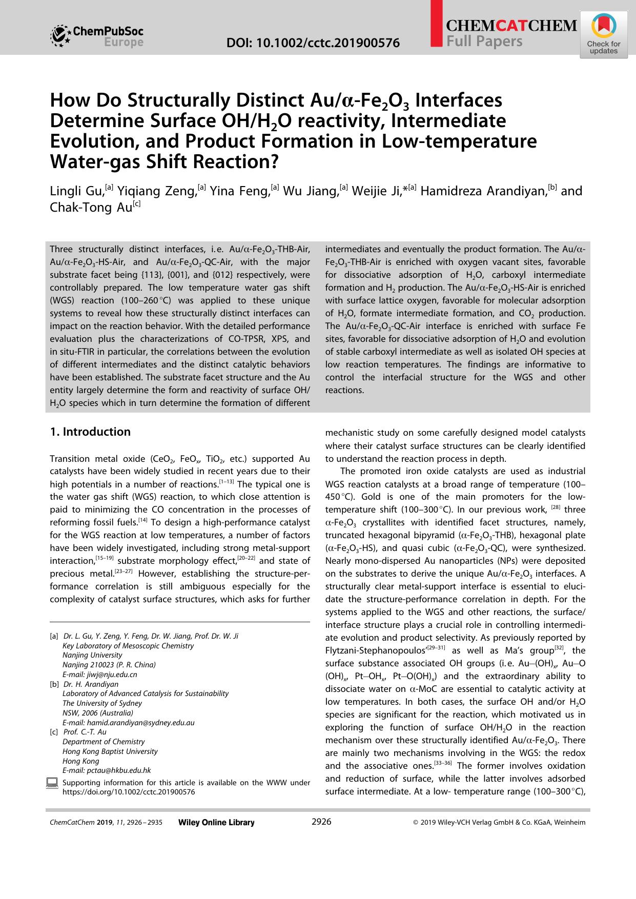 How Do Structurally Distinct AuÎ±âFe2O3 Interfaces Determine Surface OHH2O reactivity, Intermediate Evolution, and Product Formation in Lowâtemperature Waterâgas Shift Reaction? by Unknown