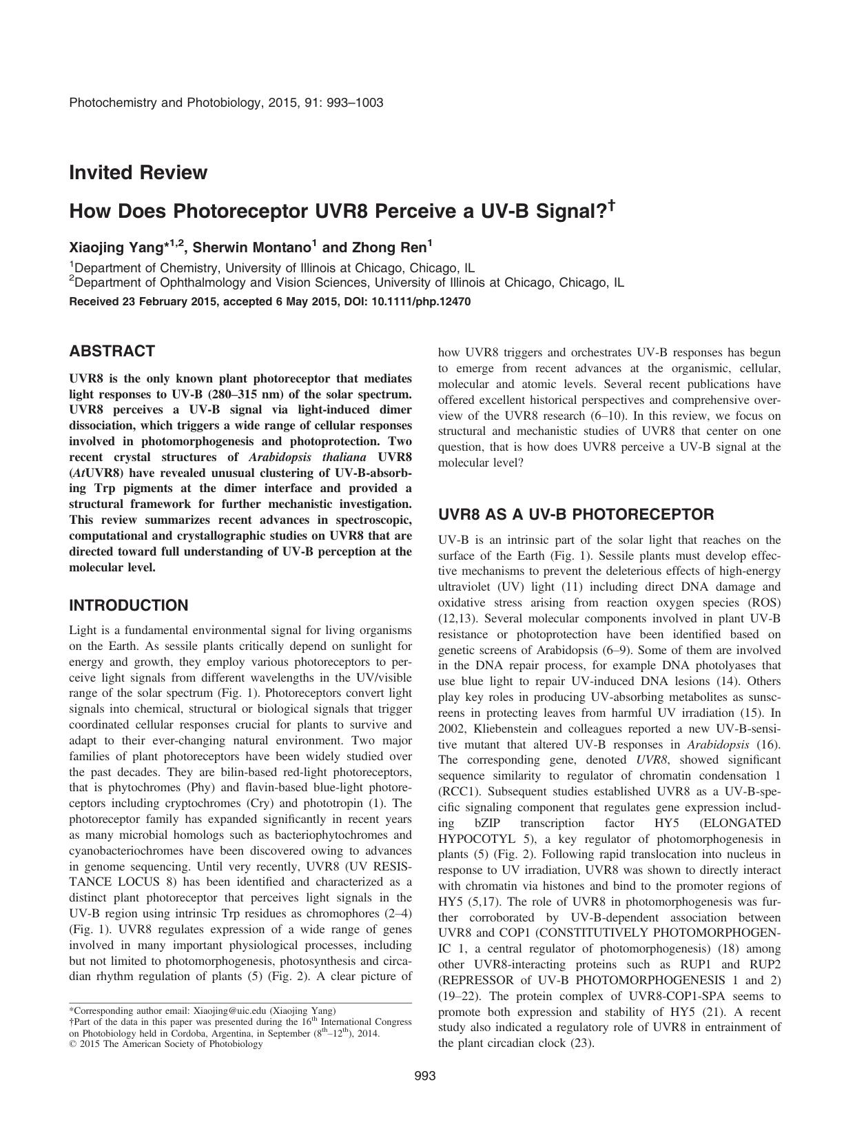 How Does Photoreceptor UVR8 Perceive a UV&#x2010;B Signal? by Unknown