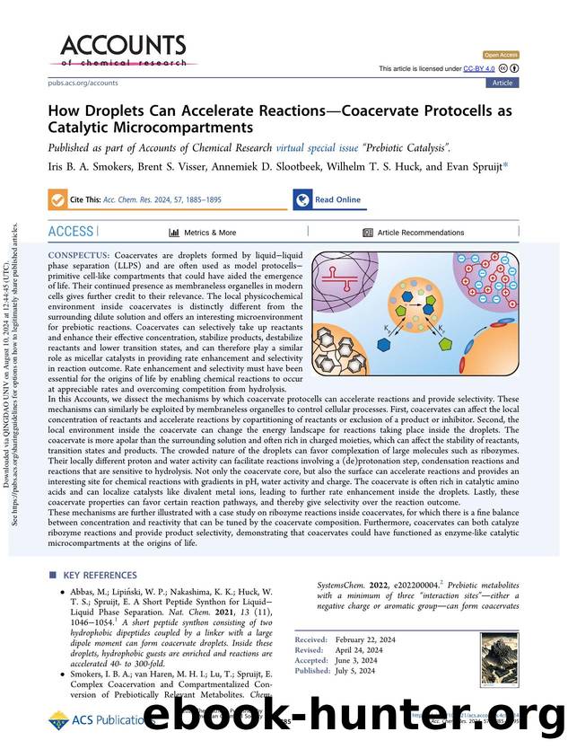 How Droplets Can Accelerate ReactionsâCoacervate Protocells as Catalytic Microcompartments by Iris B. A. Smokers Brent S. Visser Annemiek D. Slootbeek Wilhelm T. S. Huck & Evan Spruijt