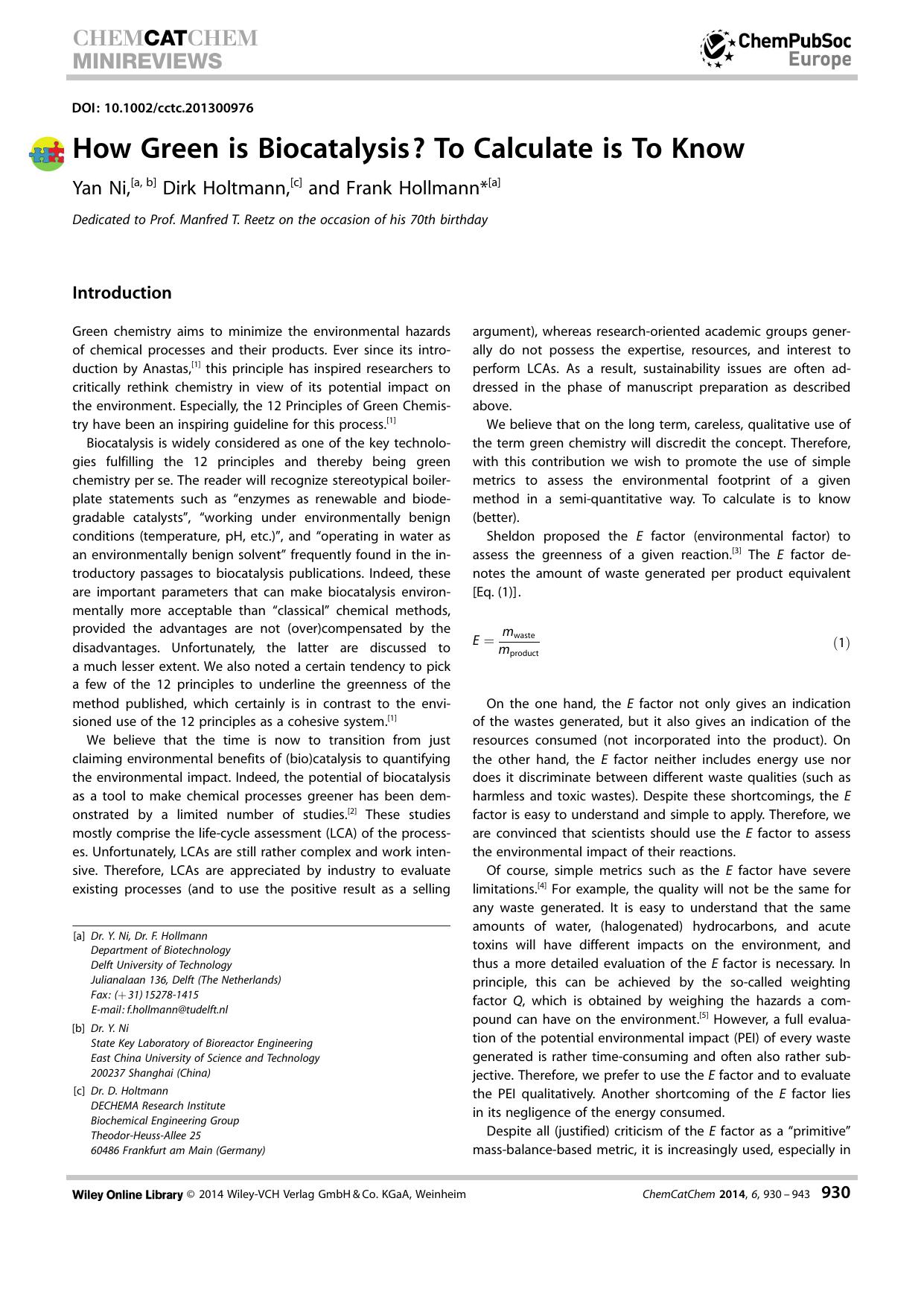 How Green is Biocatalysis? To Calculate is To Know by Unknown