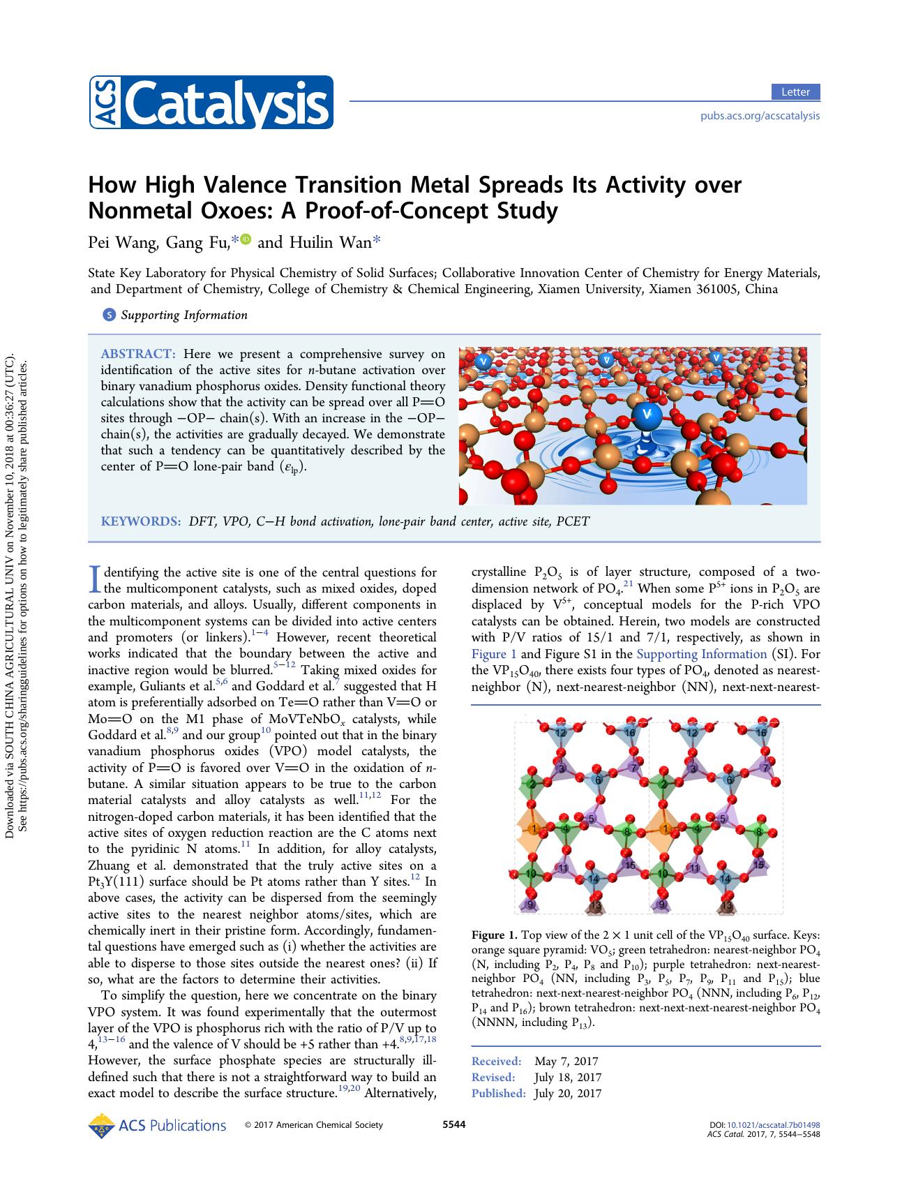 How High Valence Transition Metal Spreads Its Activity over Nonmetal Oxoes: A Proof-of-Concept Study by Pei Wang Gang Fu & Huilin Wan