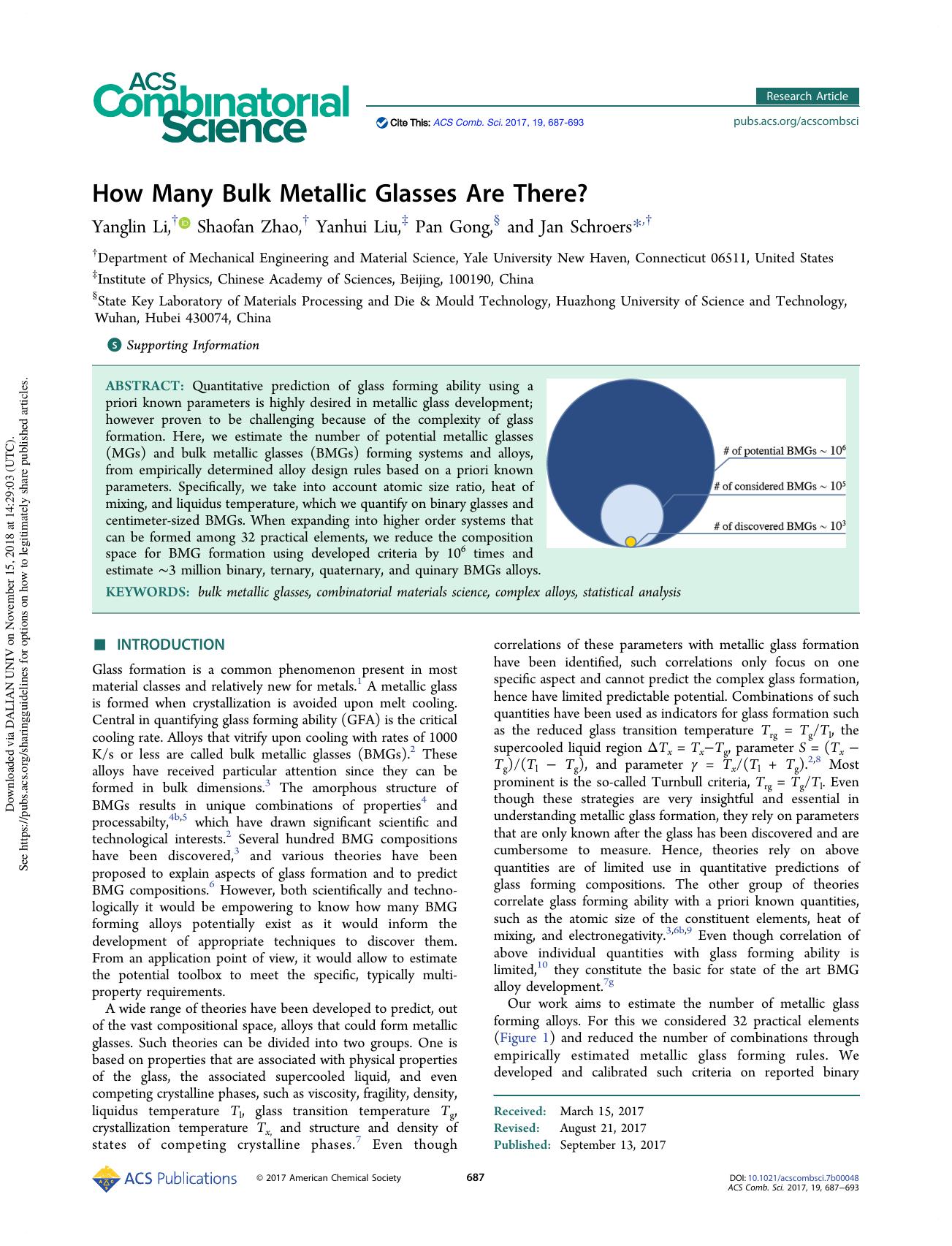 How Many Bulk Metallic Glasses Are There? by Yanglin Li Shaofan Zhao Yanhui Liu Pan Gong & Jan Schroers