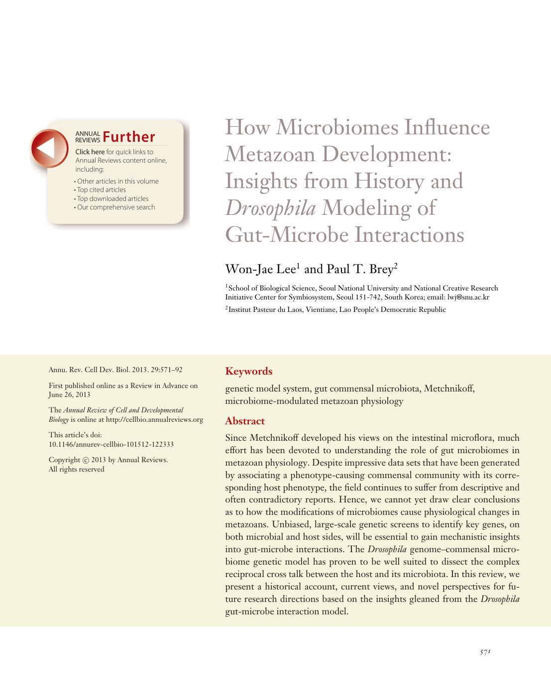 How Microbiomes Influence Metazoan Development:Insights from History and Drosophila Modeling of Gut-Microbe Interactions by Won-Jae Lee and Paul T. Brey