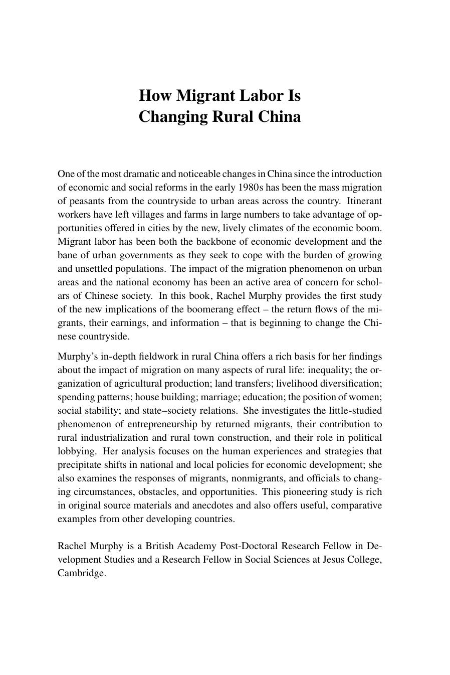 How Migrant Labor is Changing Rural China by Rachel Murphy