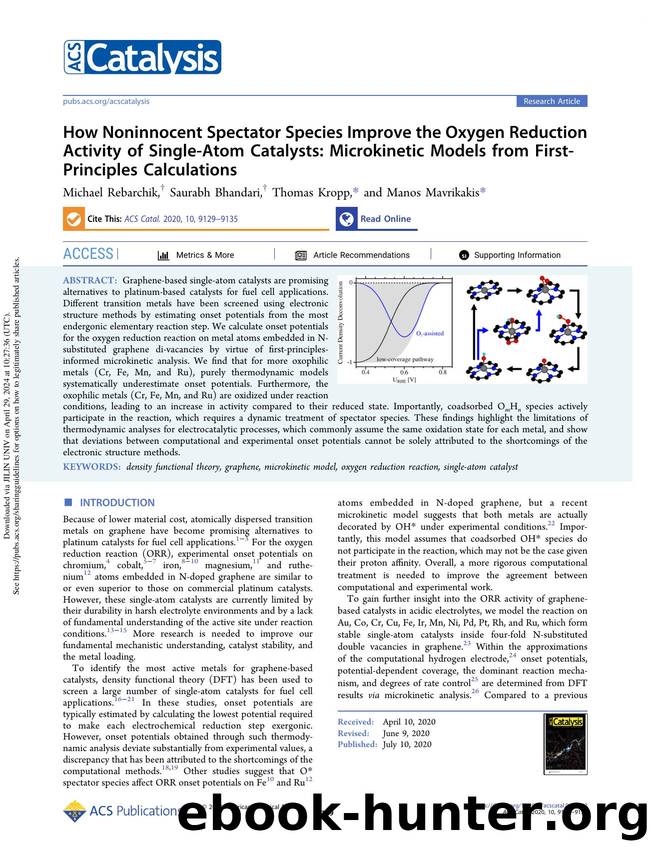 How Noninnocent Spectator Species Improve the Oxygen Reduction Activity of Single-Atom Catalysts: Microkinetic Models from First-Principles Calculations by Michael Rebarchik Saurabh Bhandari Thomas Kropp & Manos Mavrikakis
