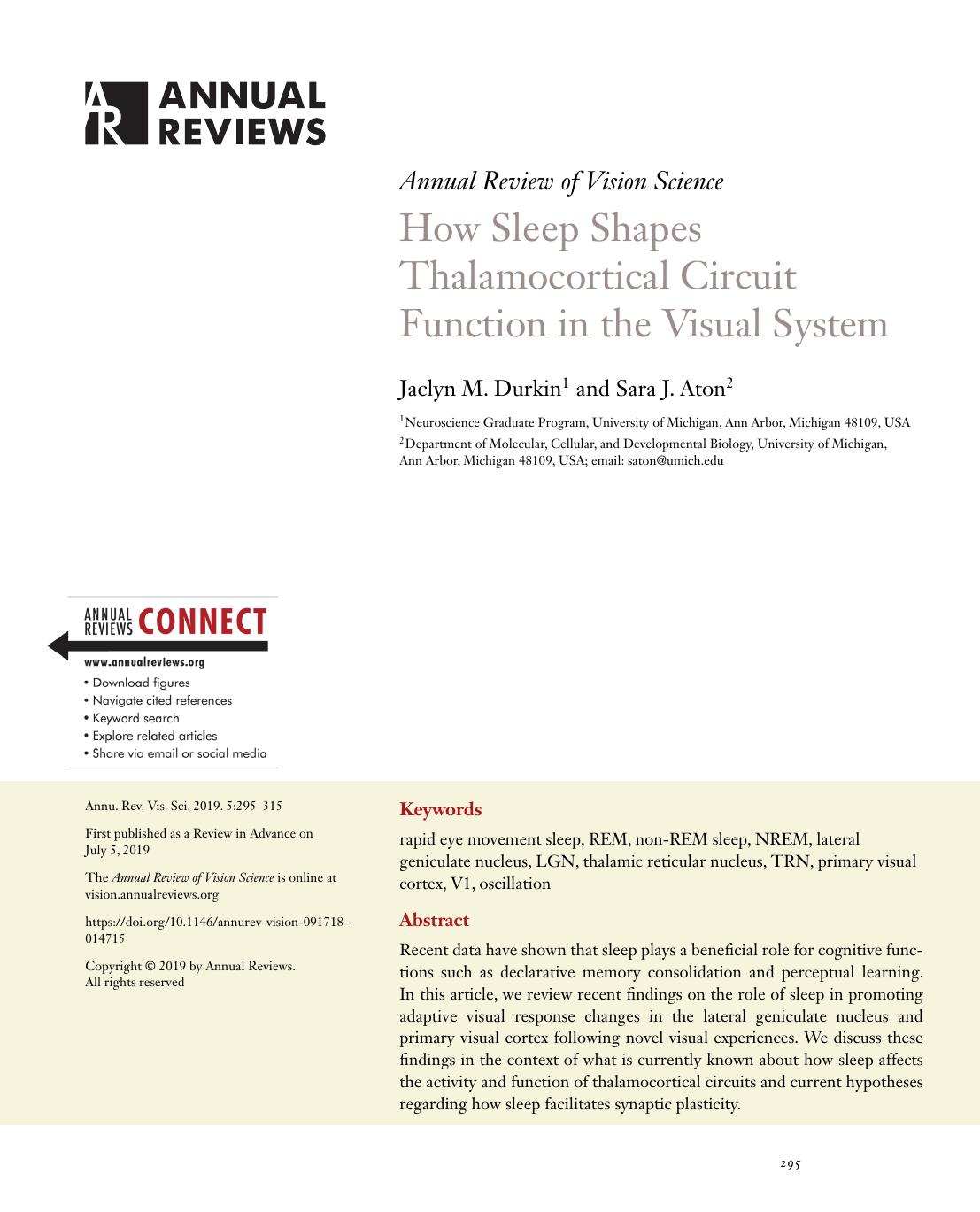 How Sleep Shapes Thalamocortical Circuit Function in the Visual System by Jaclyn M. Durkin and Sara J. Aton