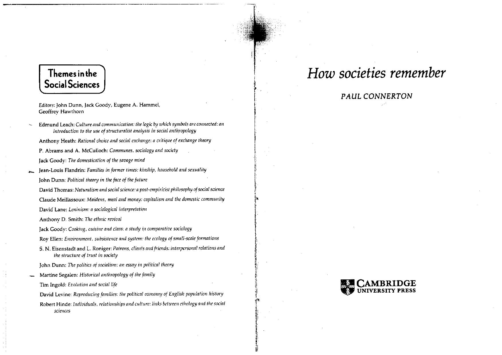How Societies Remember (Themes in the Social Sciences) by Paul Connerton