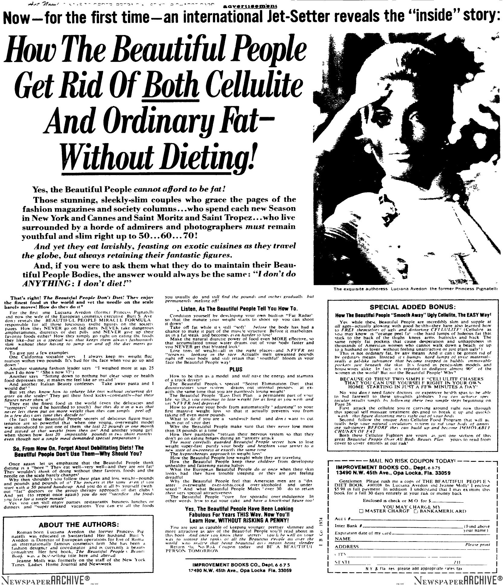 How The Beautiful People Get Rid Of Both Cellulite And Ordinary Fat by Copyright 2005 Heritage Microfilm Inc. & Newspaperarchive.com